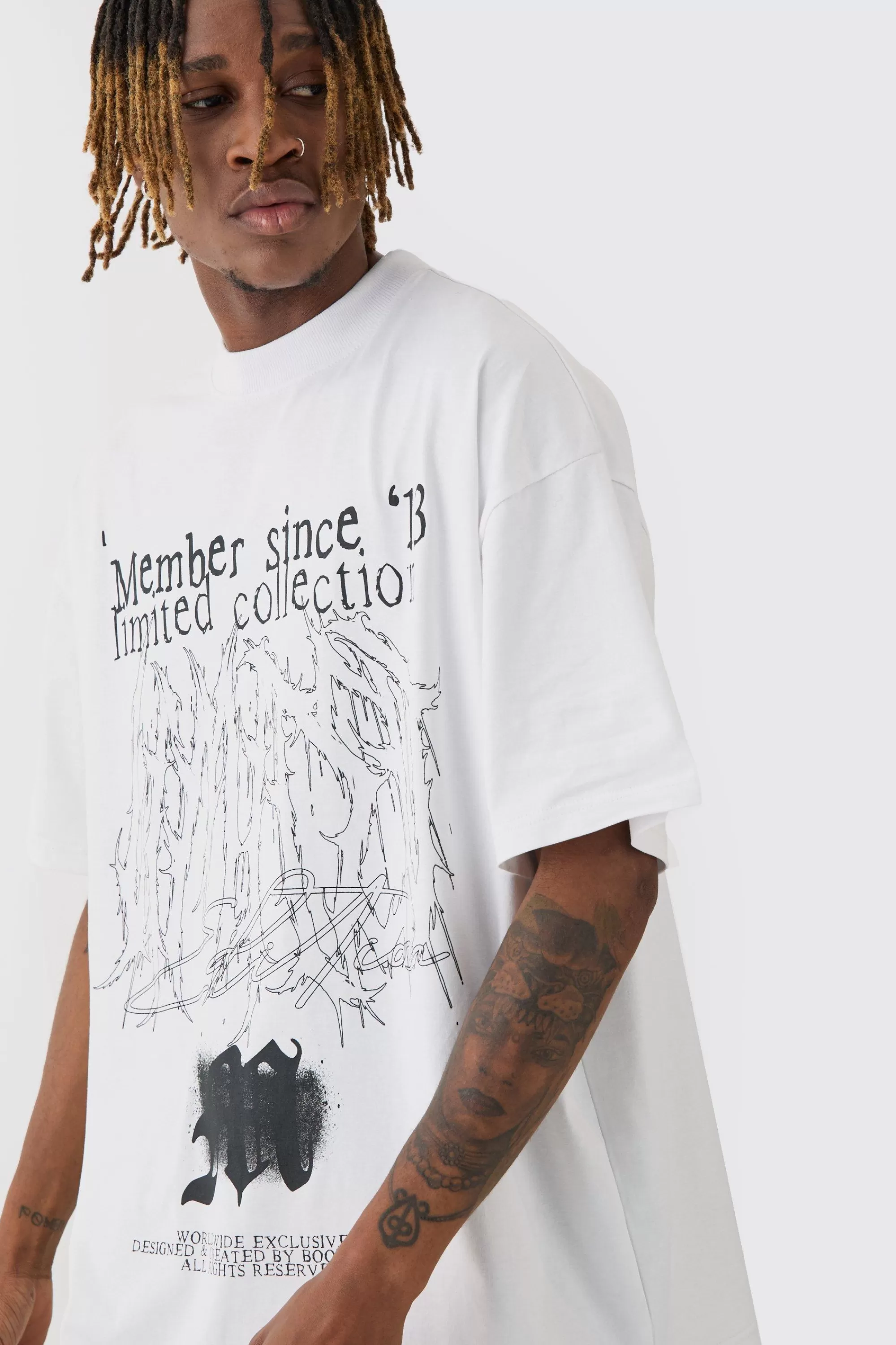 boohooMAN Tall Oversized Extended Neck Limited Print T-shirt | UK white Cheap