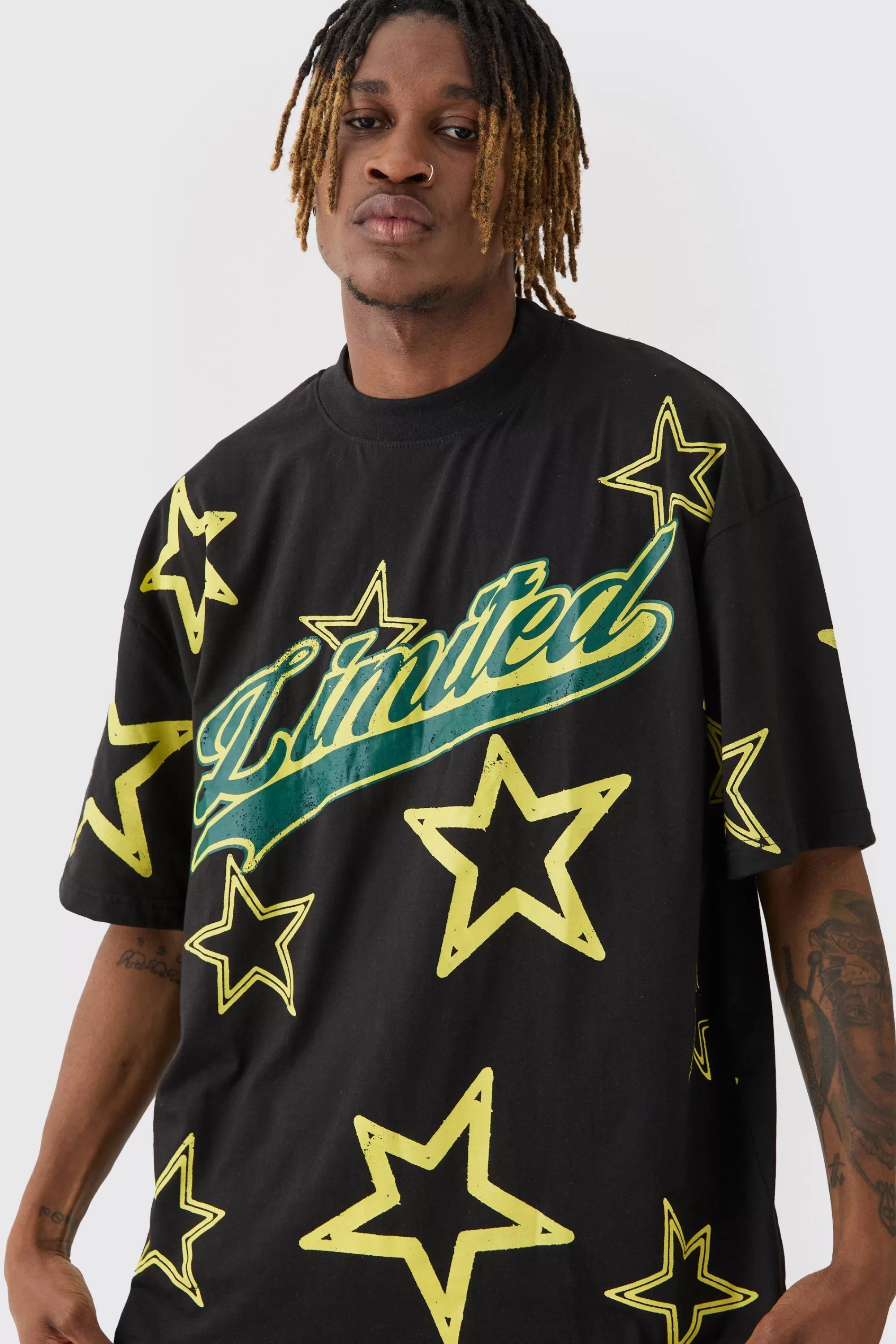 boohooMAN Tall Oversized Extended Neck Limited Star Print T-shirt | UK black Cheap