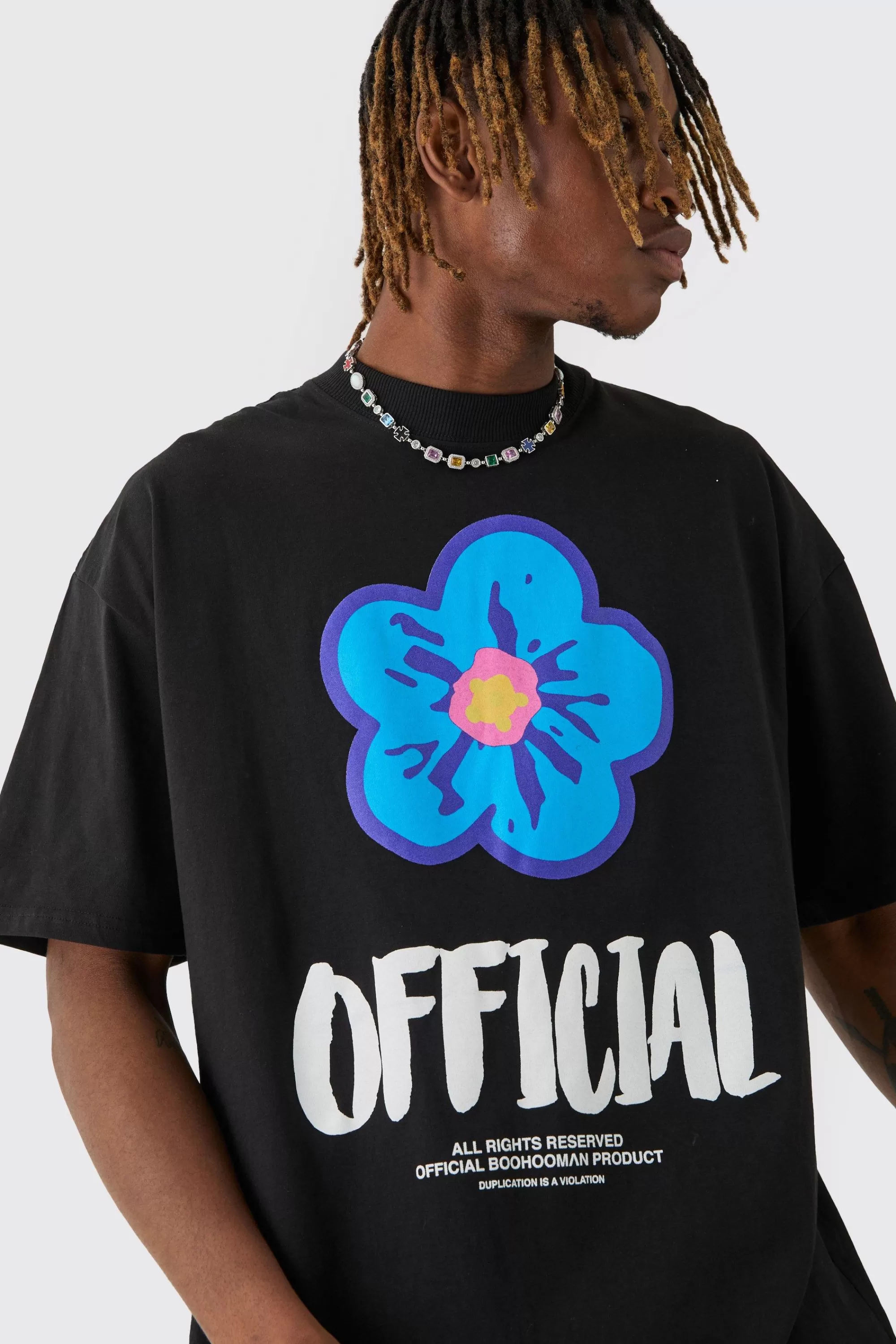 boohooMAN Tall Oversized Extended Neck Official Floral Print T-shirt | UK black Hot