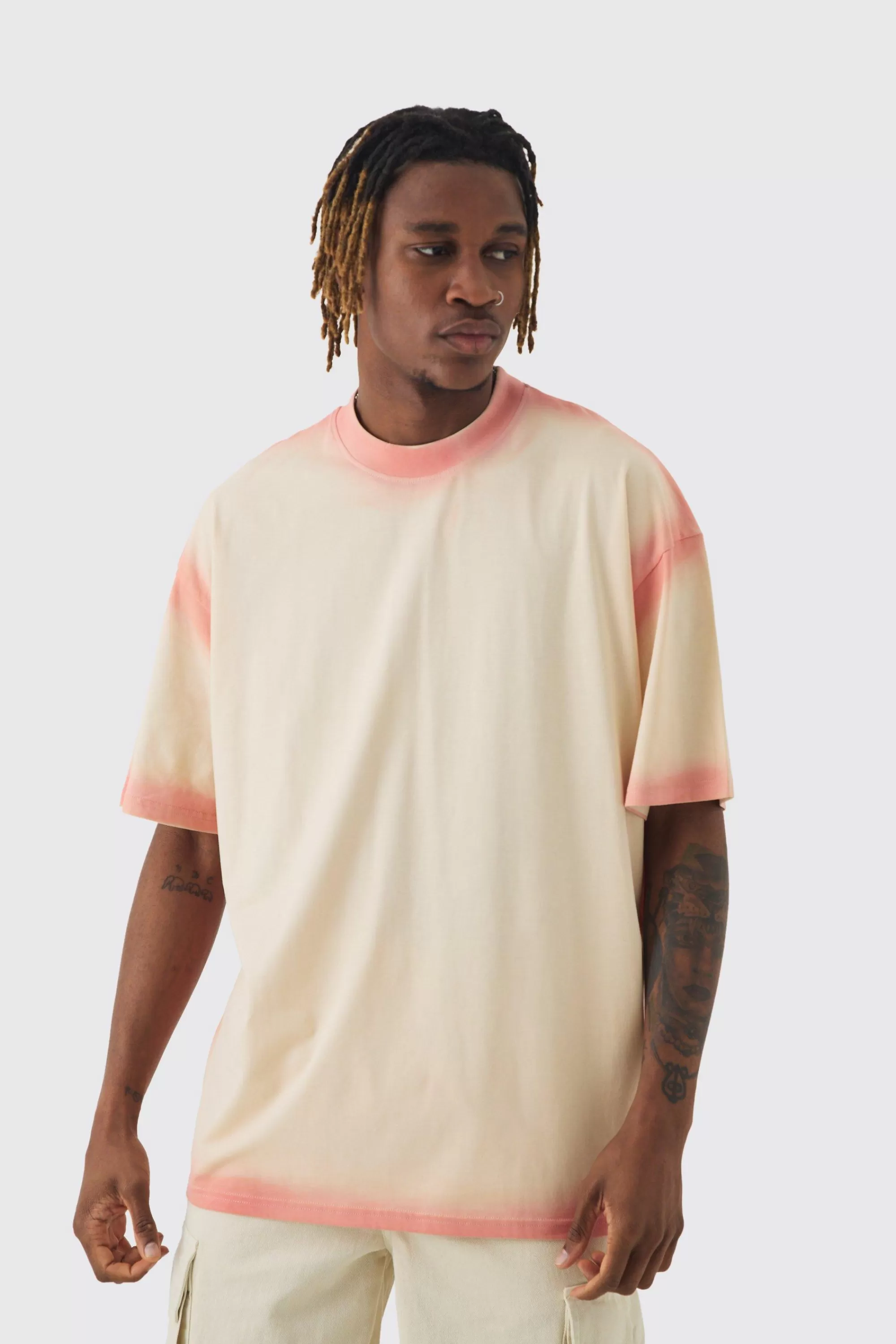 boohooMAN Tall Oversized Extended Neck Spray Wash T-shirt | UK stone Cheap
