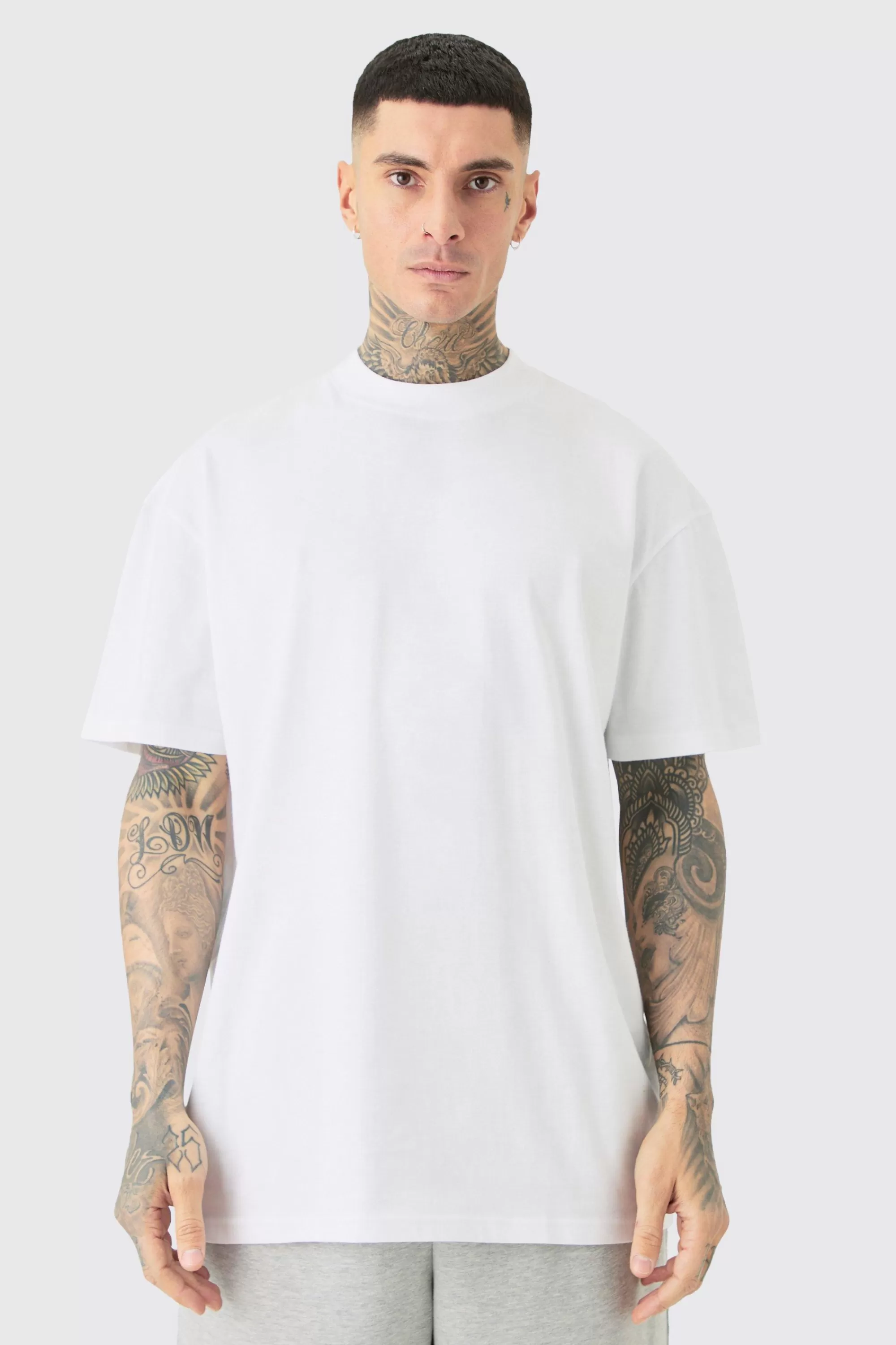 boohooMAN Tall Oversized Extended Neck T-shirt | UK white Shop
