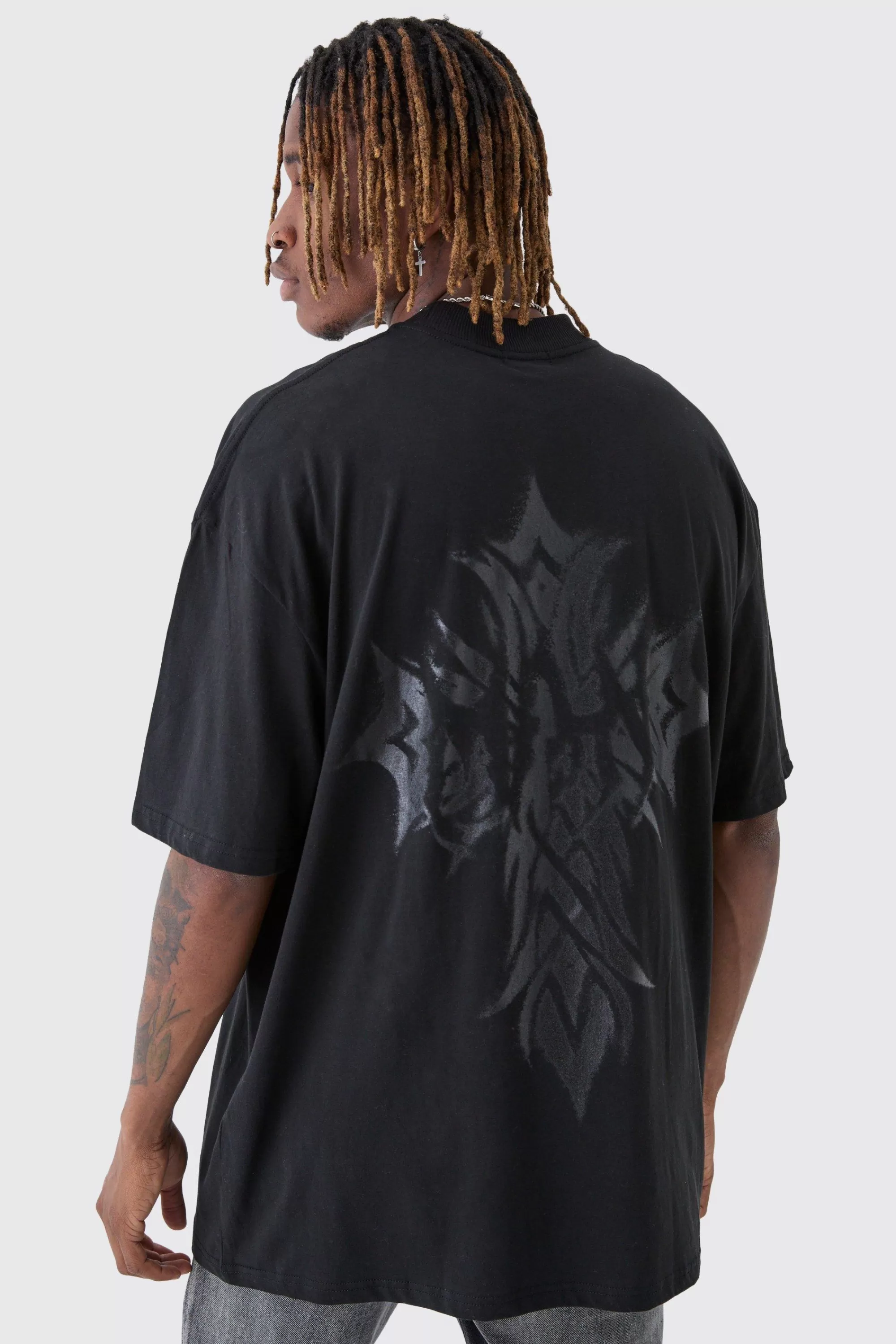 boohooMAN Tall Oversized Extended Neck Worldwide Gothic Cross Print T-Shirt | UK black Shop