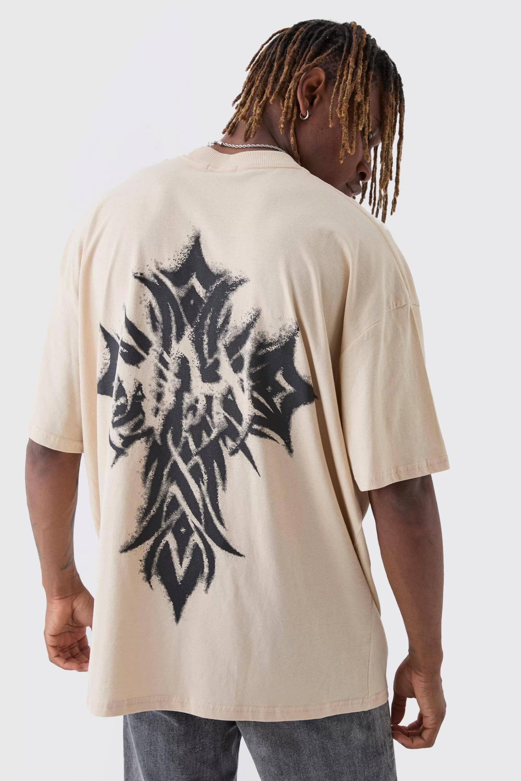 boohooMAN Tall Oversized Extended Neck Worldwide Gothic Cross Print T-Shirt | UK sand Sale