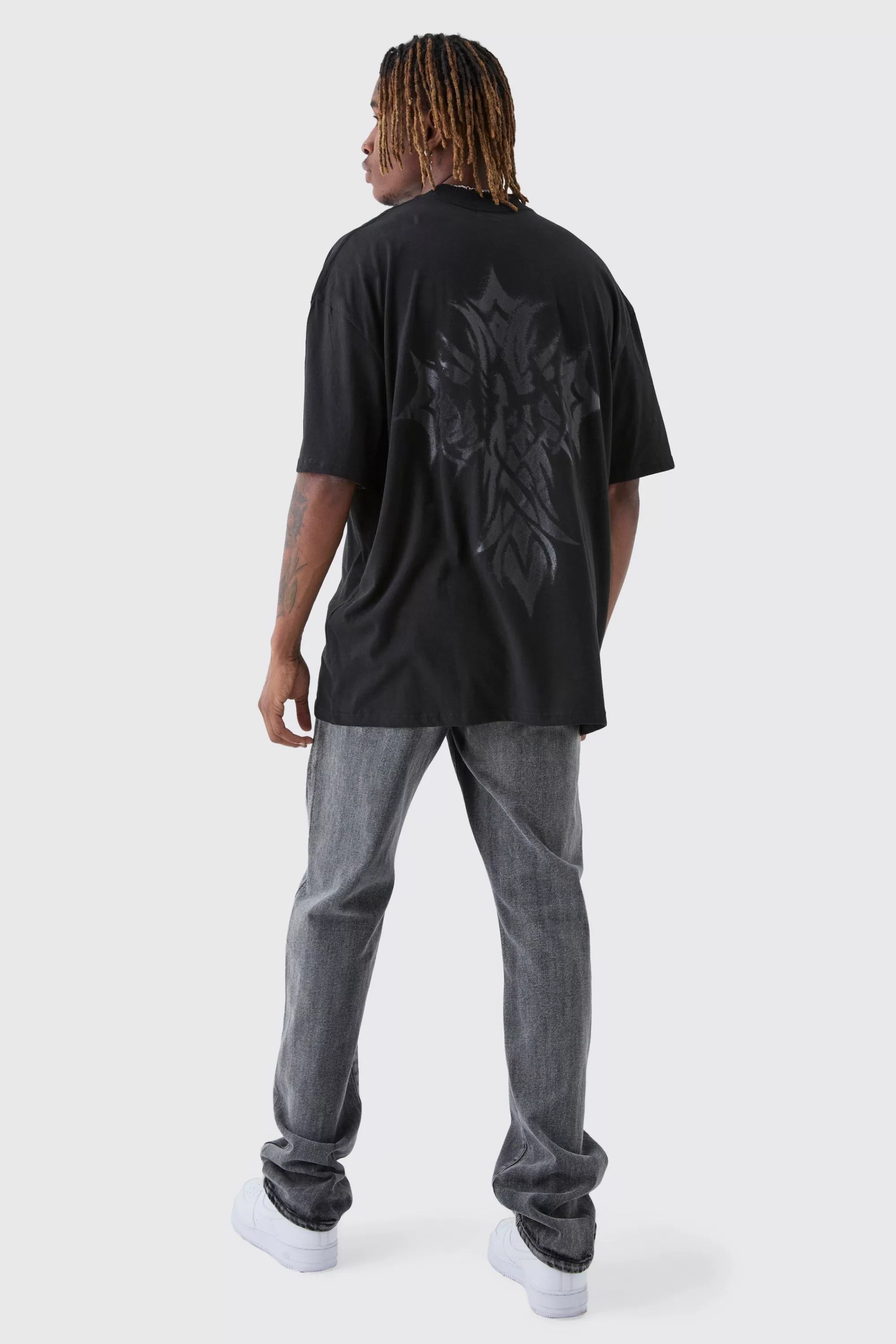 boohooMAN Tall Oversized Extended Neck Worldwide Gothic Cross Print T-Shirt | UK black Shop