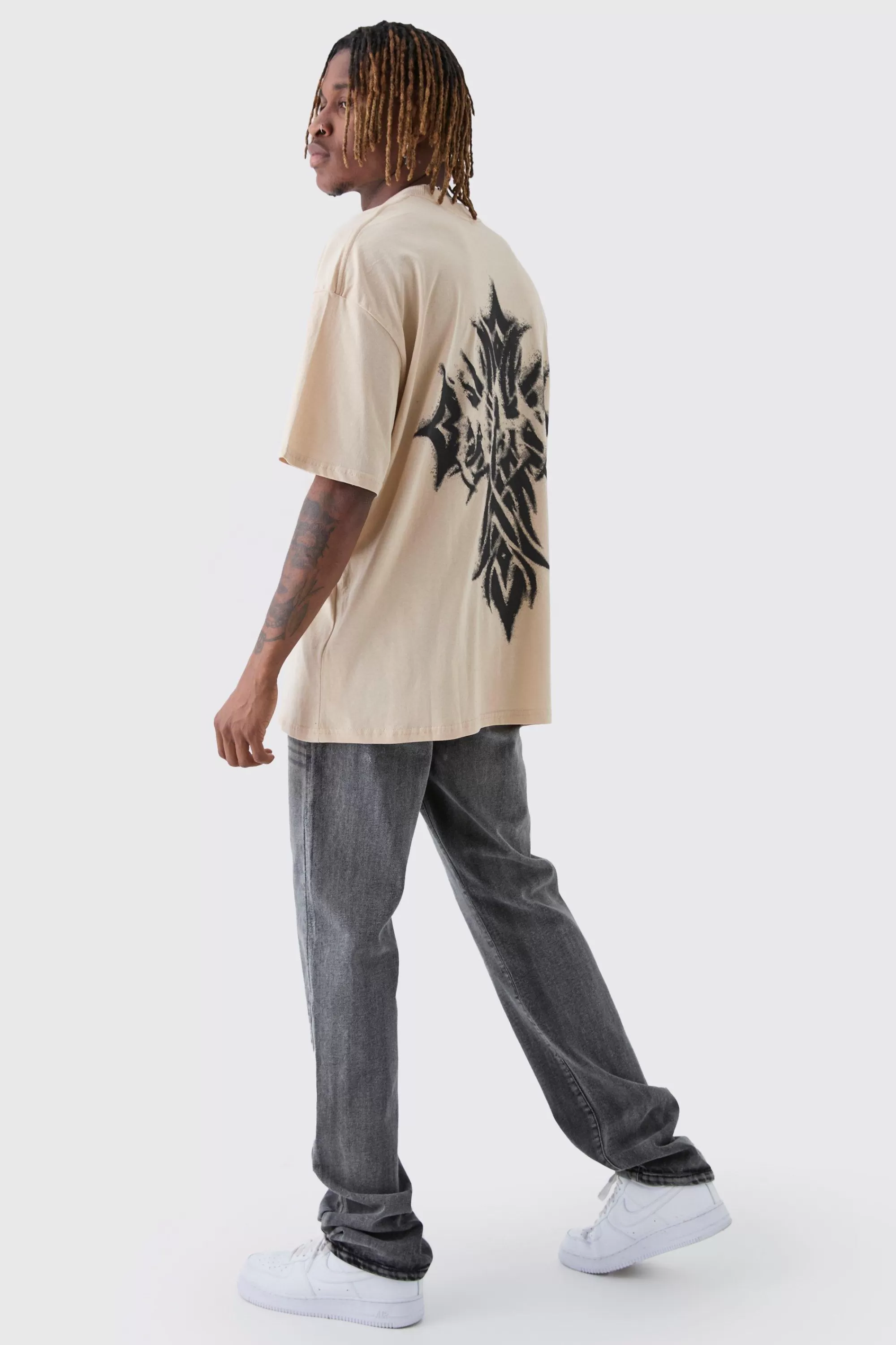 boohooMAN Tall Oversized Extended Neck Worldwide Gothic Cross Print T-Shirt | UK sand Sale