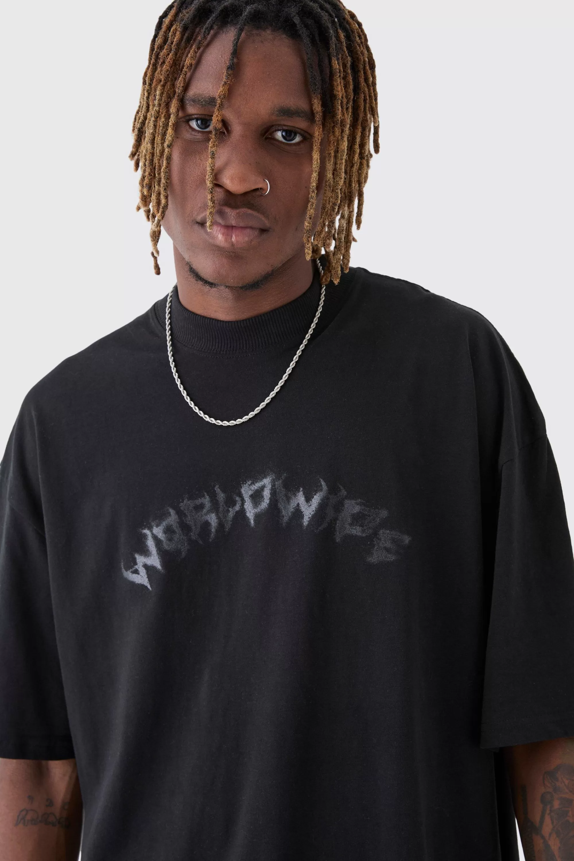 boohooMAN Tall Oversized Extended Neck Worldwide Gothic Cross Print T-Shirt | UK black Shop