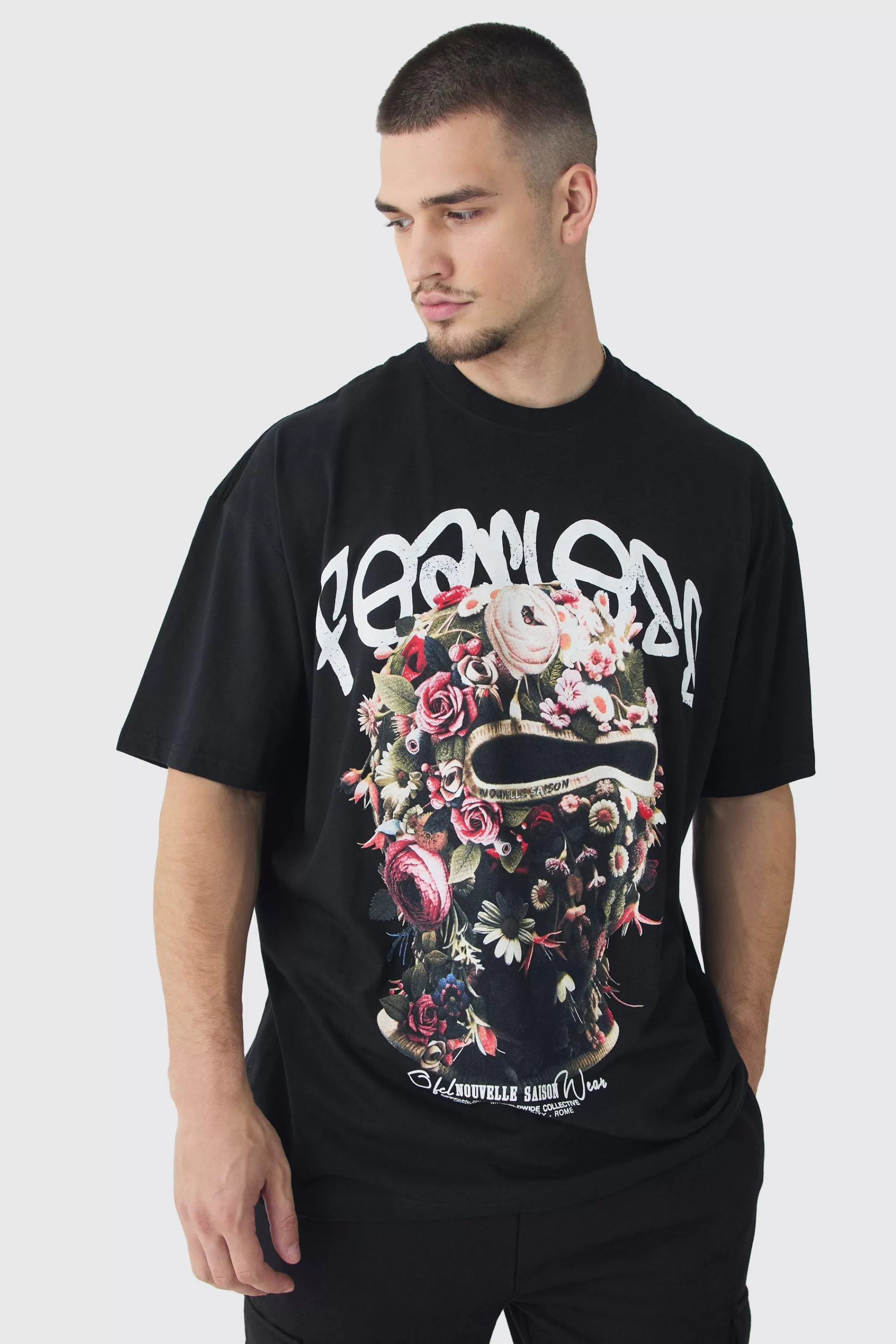 boohooMAN Tall Oversized Fearless Floral Balaclava | UK black Best