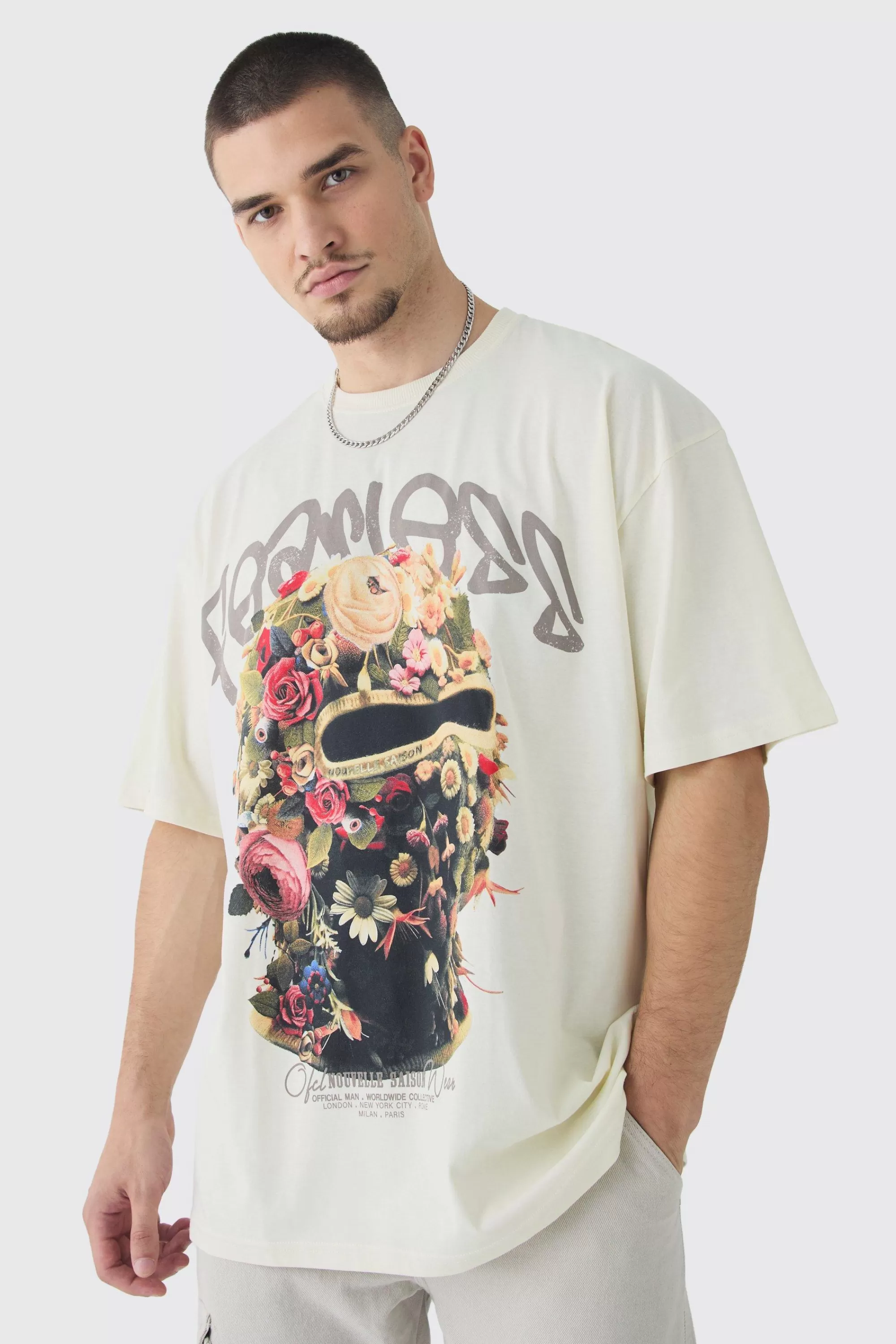 boohooMAN Tall Oversized Fearless Floral Balaclava | UK stone Fashion