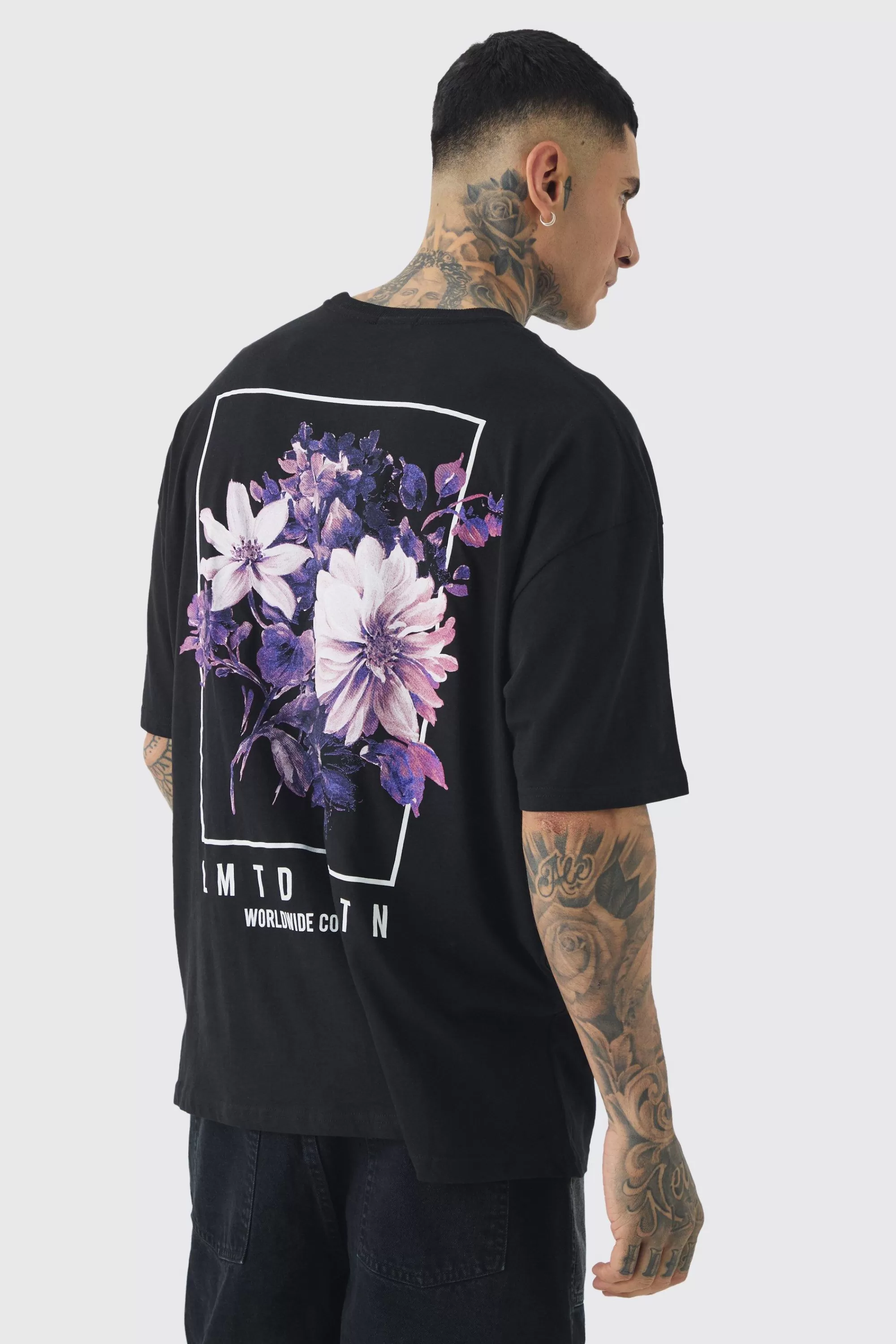 boohooMAN Tall Oversized Floral Back Graphic T-shirt | UK black Shop
