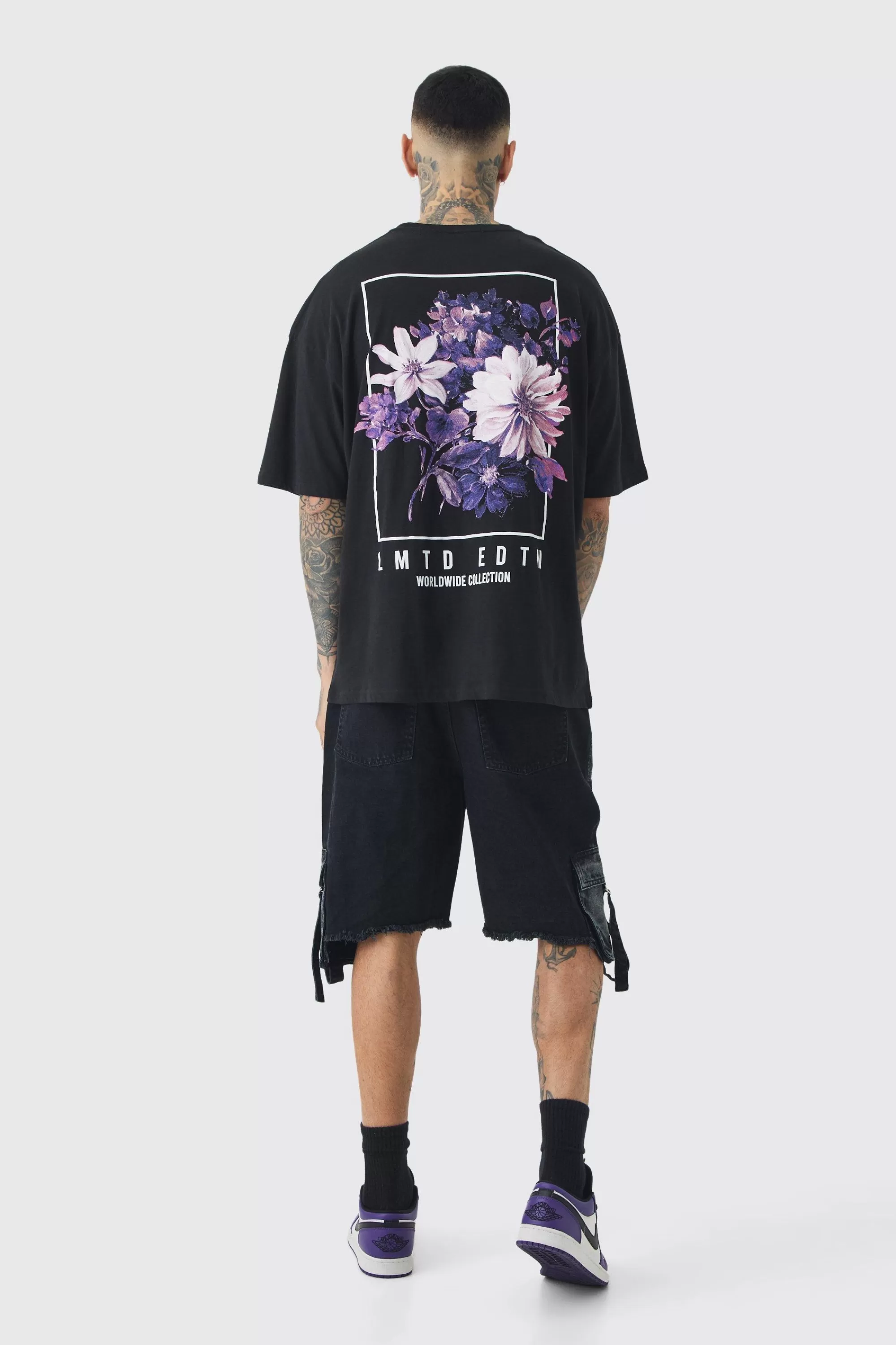 boohooMAN Tall Oversized Floral Back Graphic T-shirt | UK black Shop