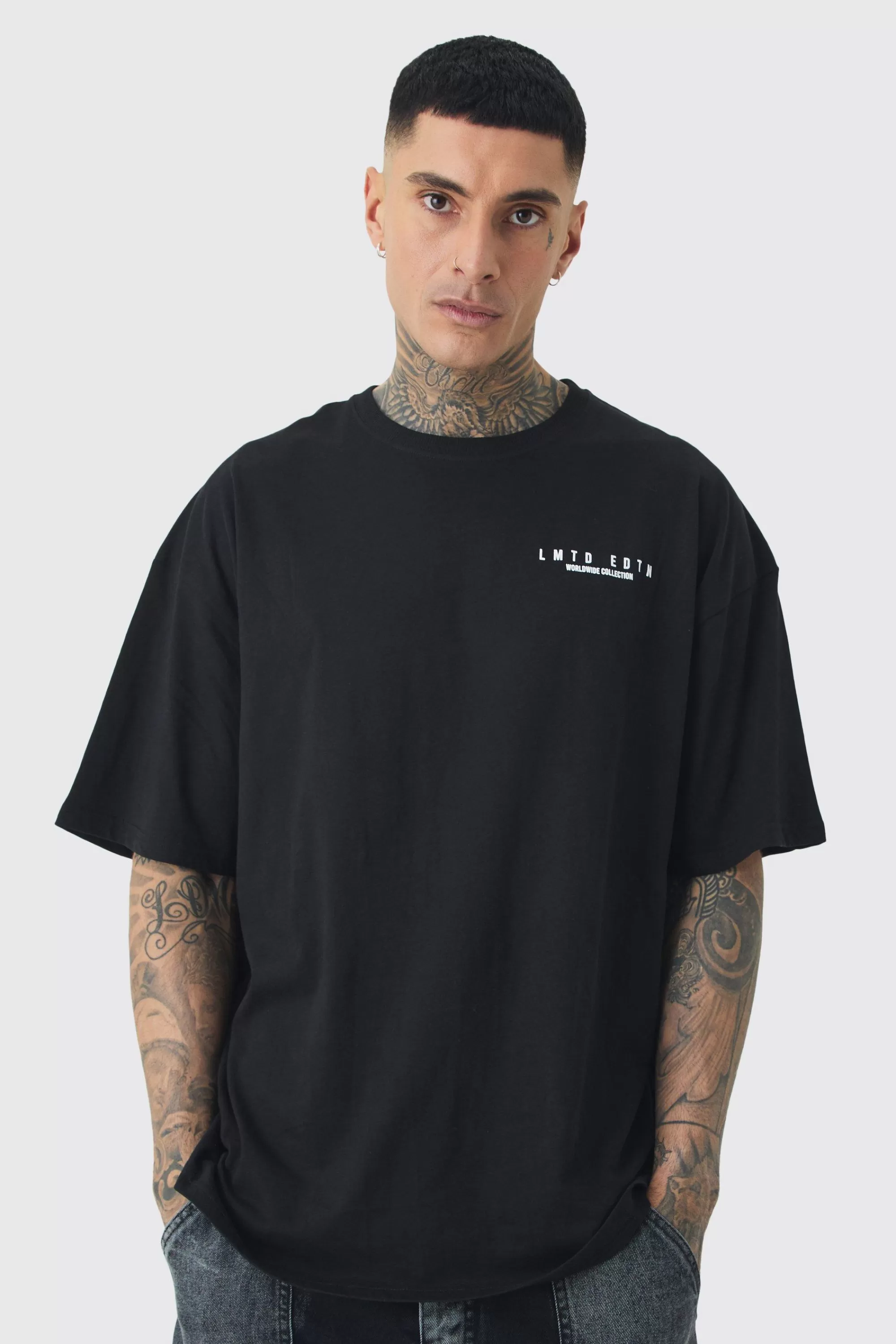 boohooMAN Tall Oversized Floral Back Graphic T-shirt | UK black Shop