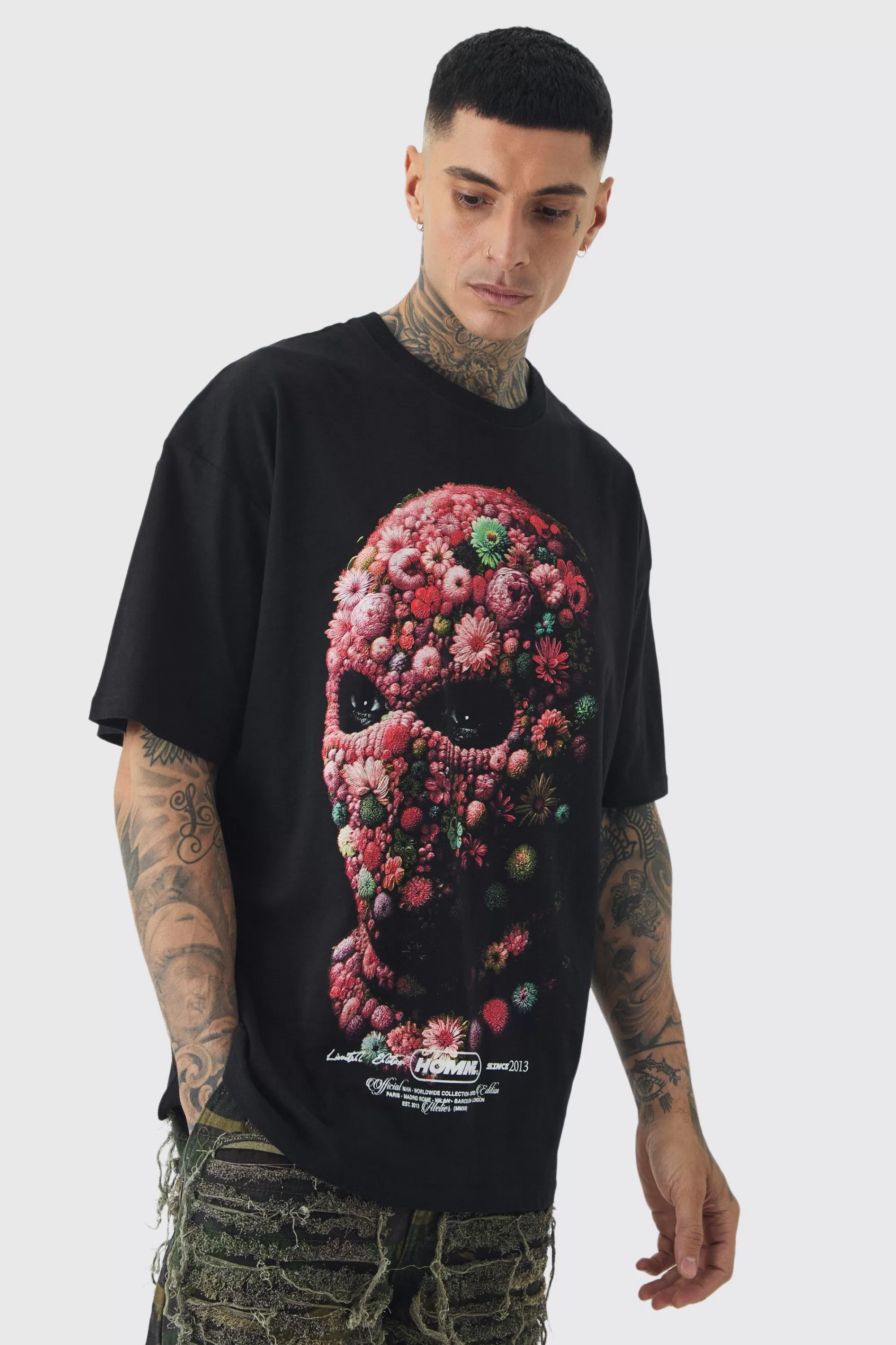 boohooMAN Tall Oversized Floral Mask T-shirt | UK black Flash Sale