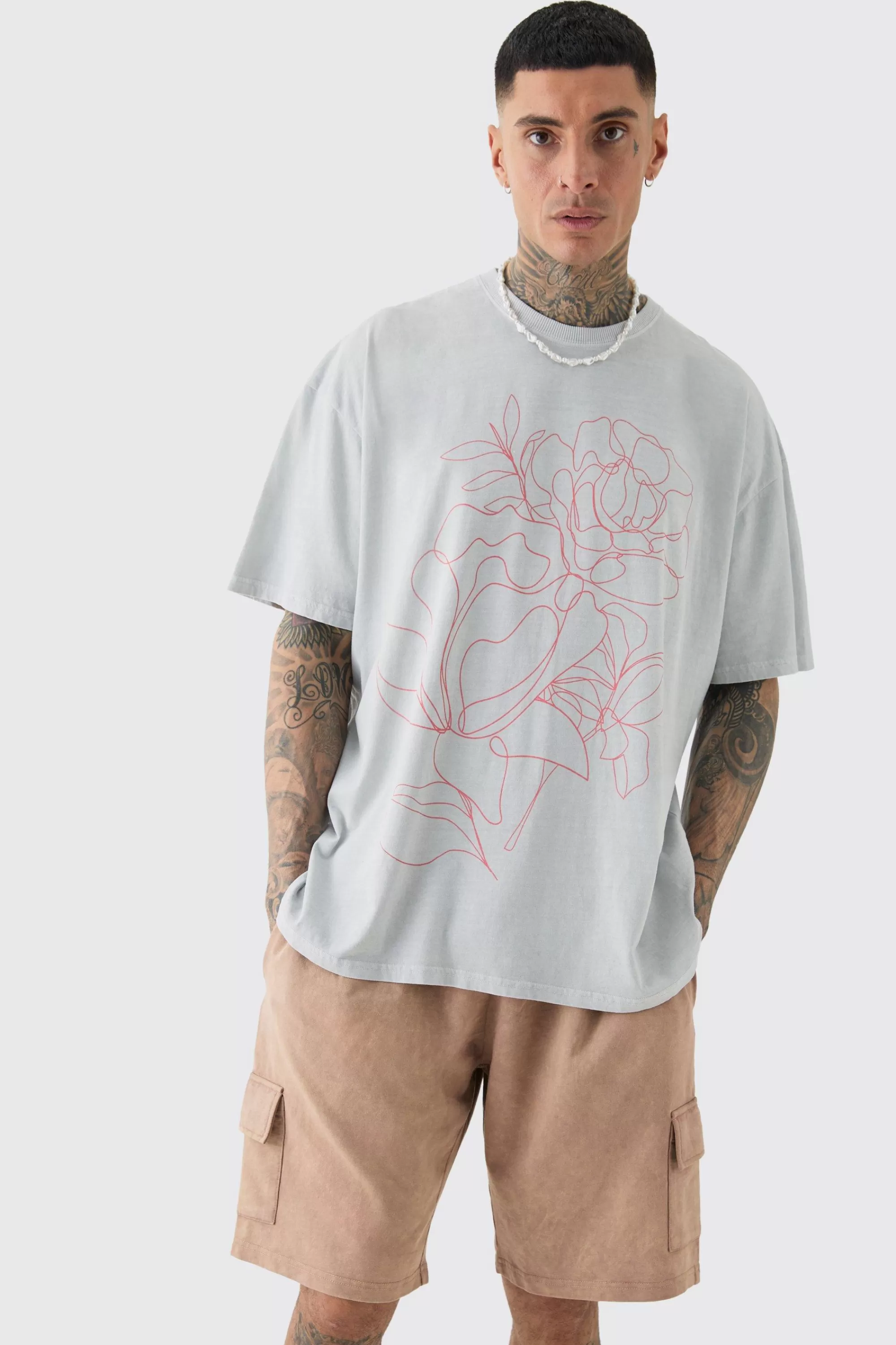 boohooMAN Tall Oversized Floral Stencil Print T-shirt In | UK grey Best