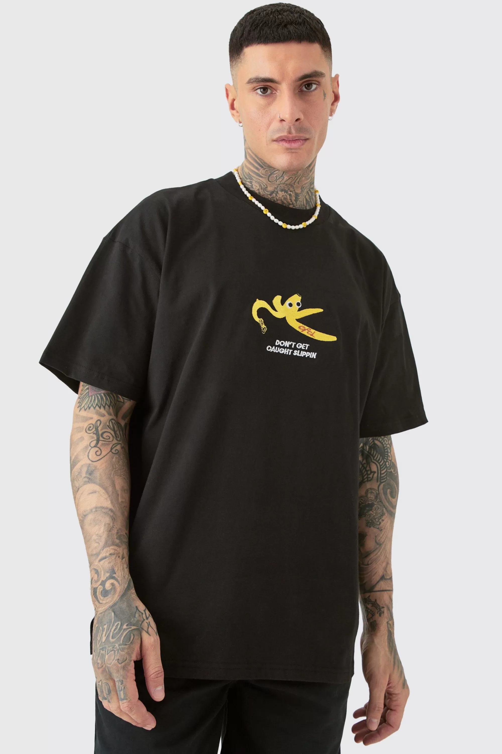 boohooMAN Tall Oversized Heavy Split Hem Print T-shirt | UK black Shop
