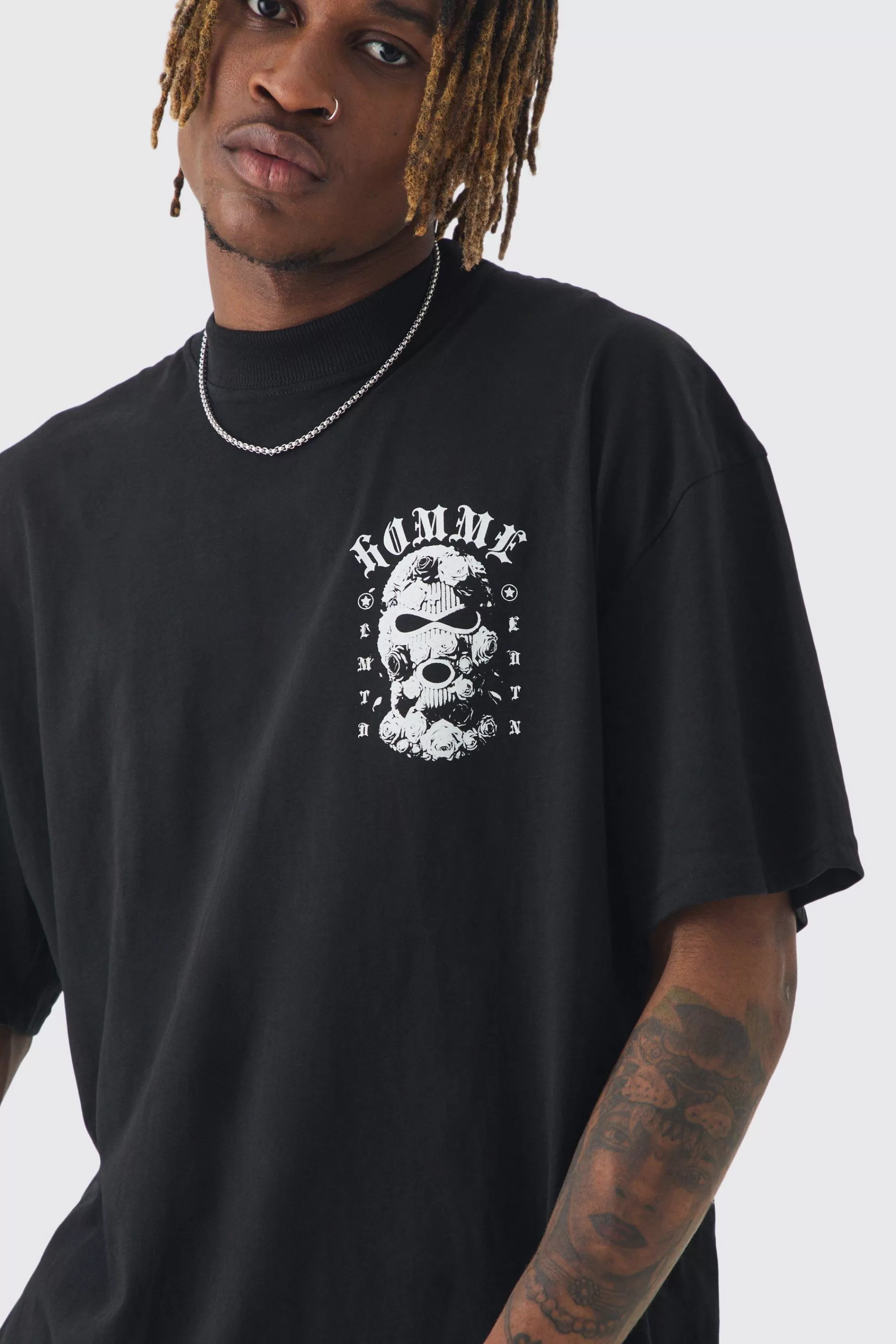 boohooMAN Tall Oversized Homme Balaclava Floral Print T-shirt | UK black Cheap