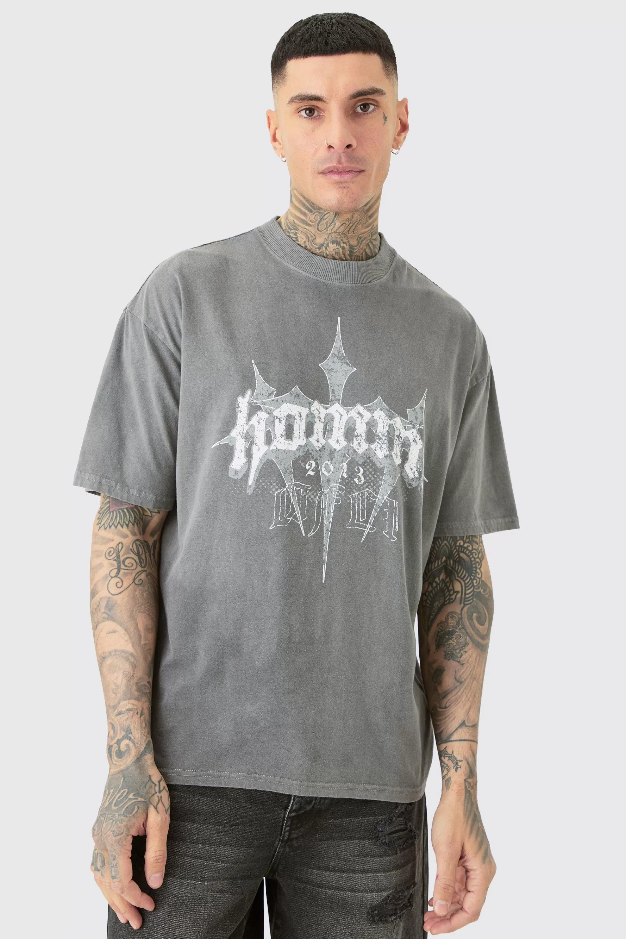 boohooMAN Tall Oversized Homme Cross T-shirt In | UK grey Online