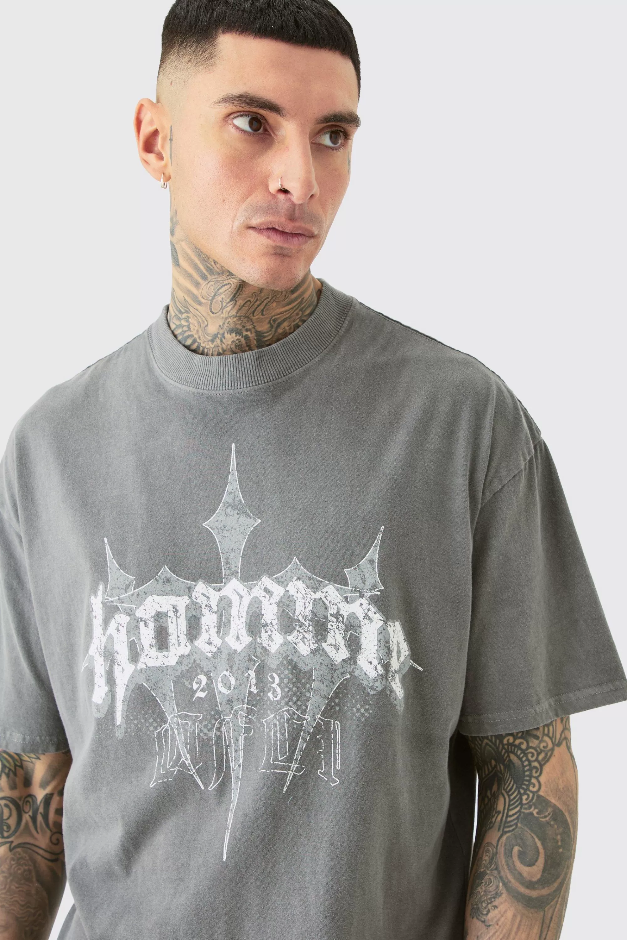 boohooMAN Tall Oversized Homme Cross T-shirt In | UK grey Online