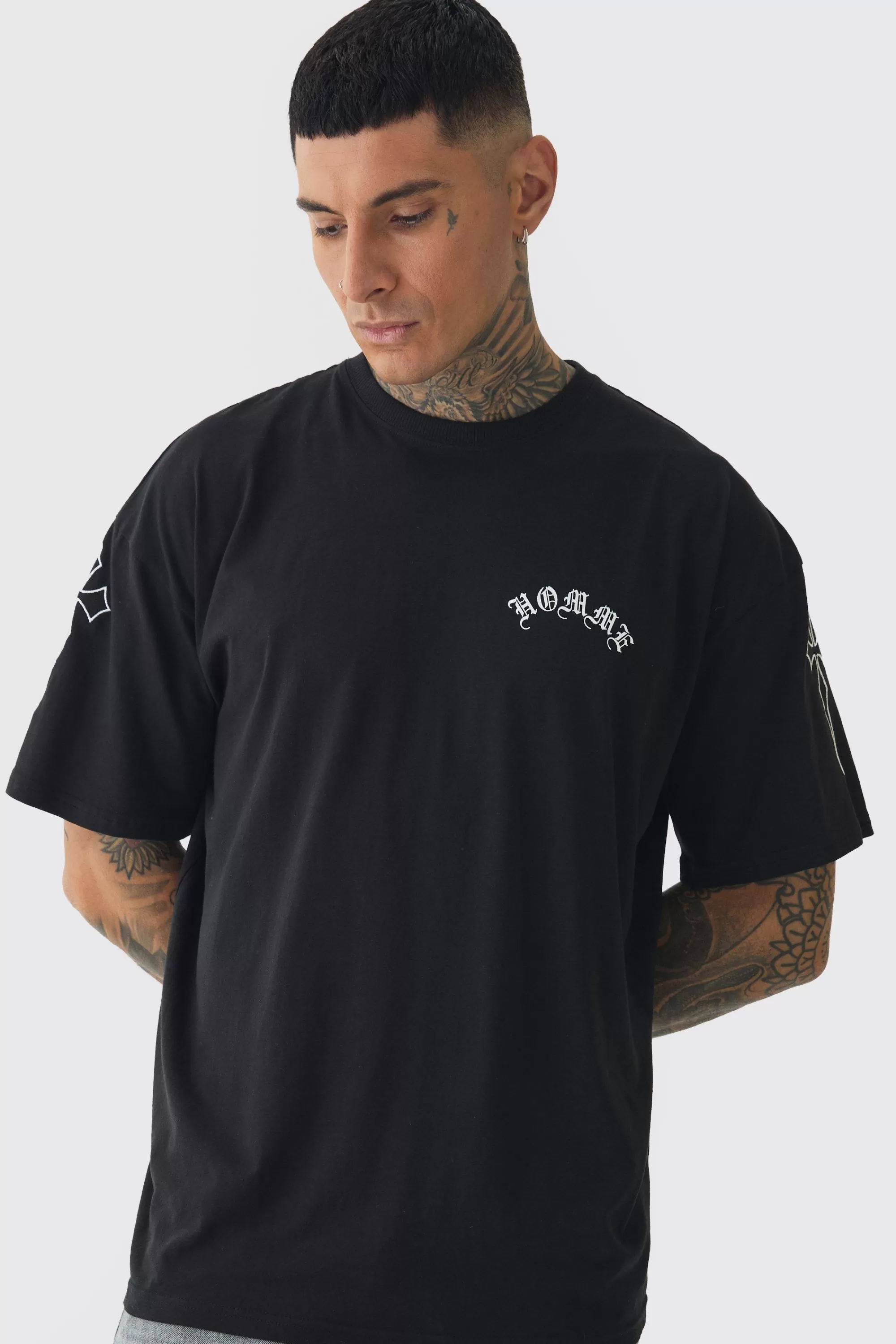 boohooMAN Tall Oversized Homme Print & Cross Embroidered T-Shirt | UK black Flash Sale