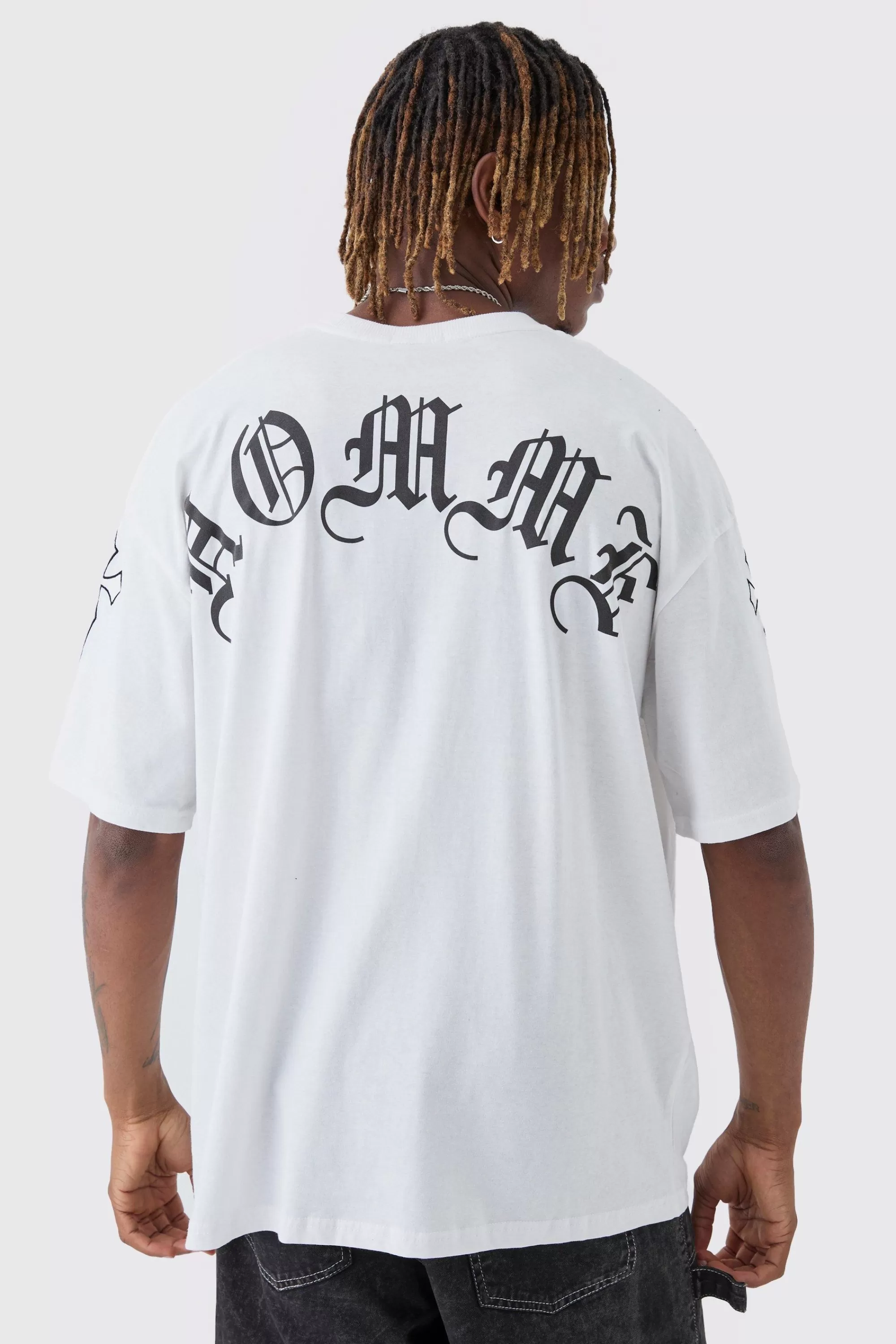 boohooMAN Tall Oversized Homme Print & Cross Embroidered T-Shirt | UK white Fashion
