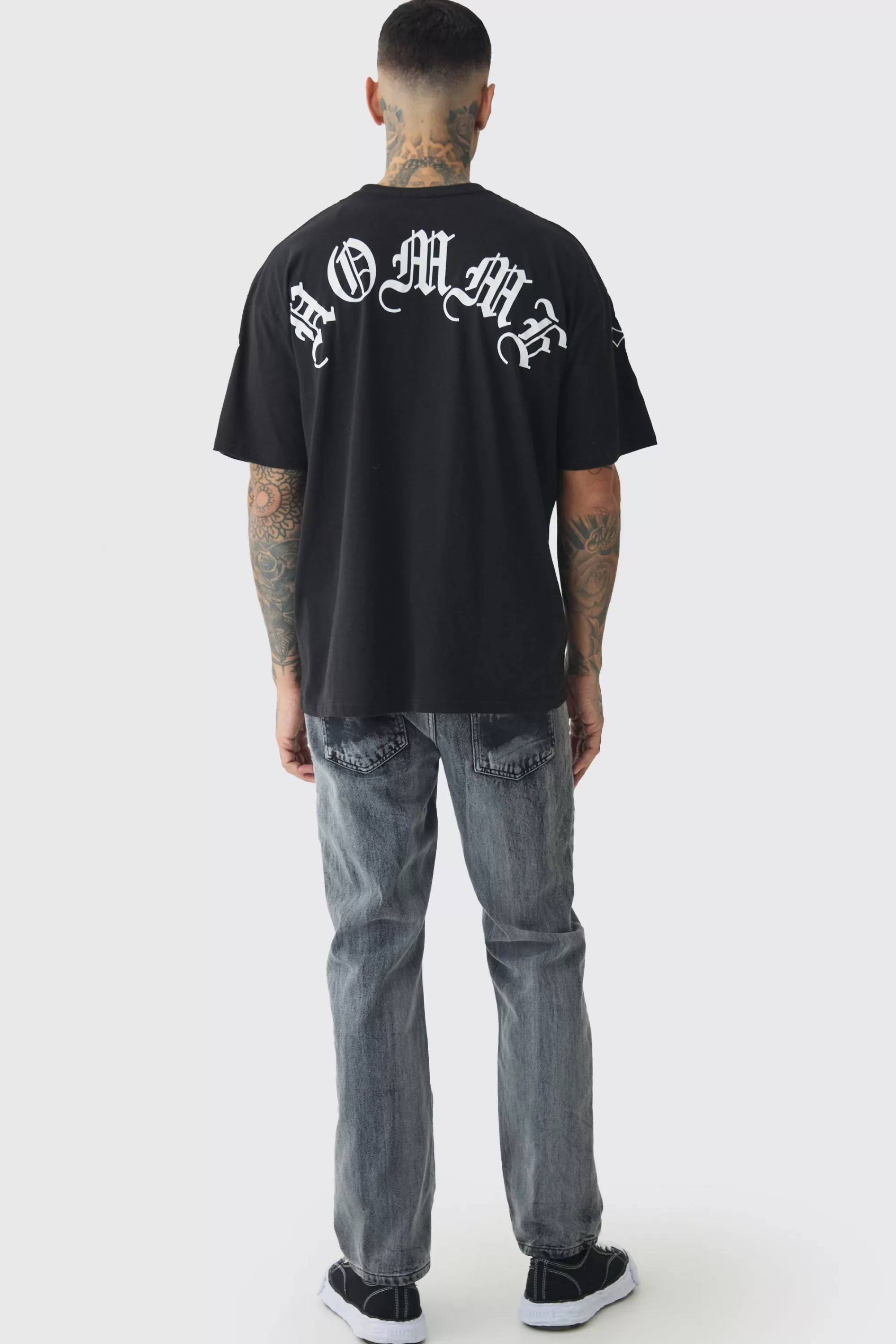 boohooMAN Tall Oversized Homme Print & Cross Embroidered T-Shirt | UK black Flash Sale