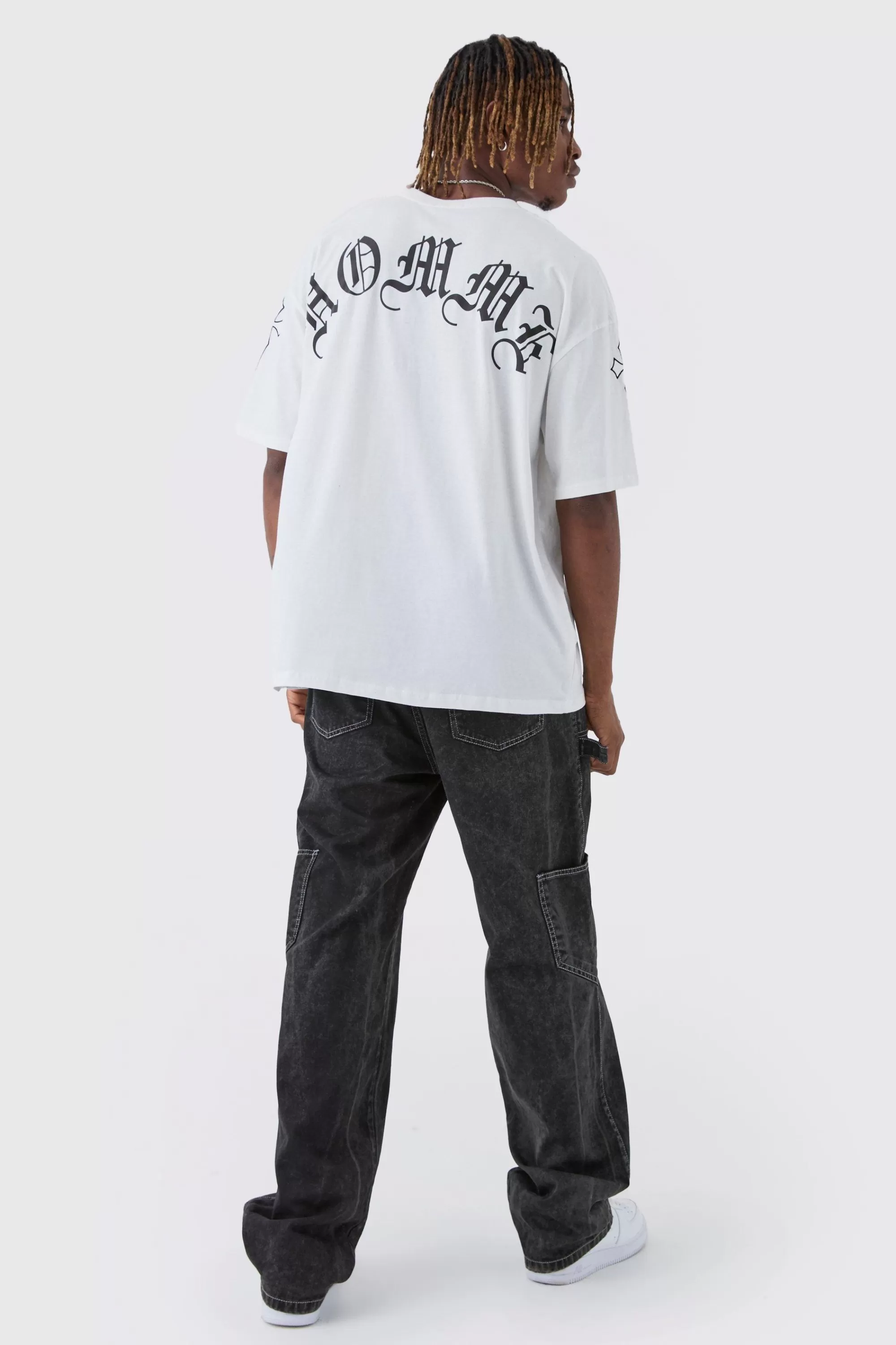 boohooMAN Tall Oversized Homme Print & Cross Embroidered T-Shirt | UK white Fashion