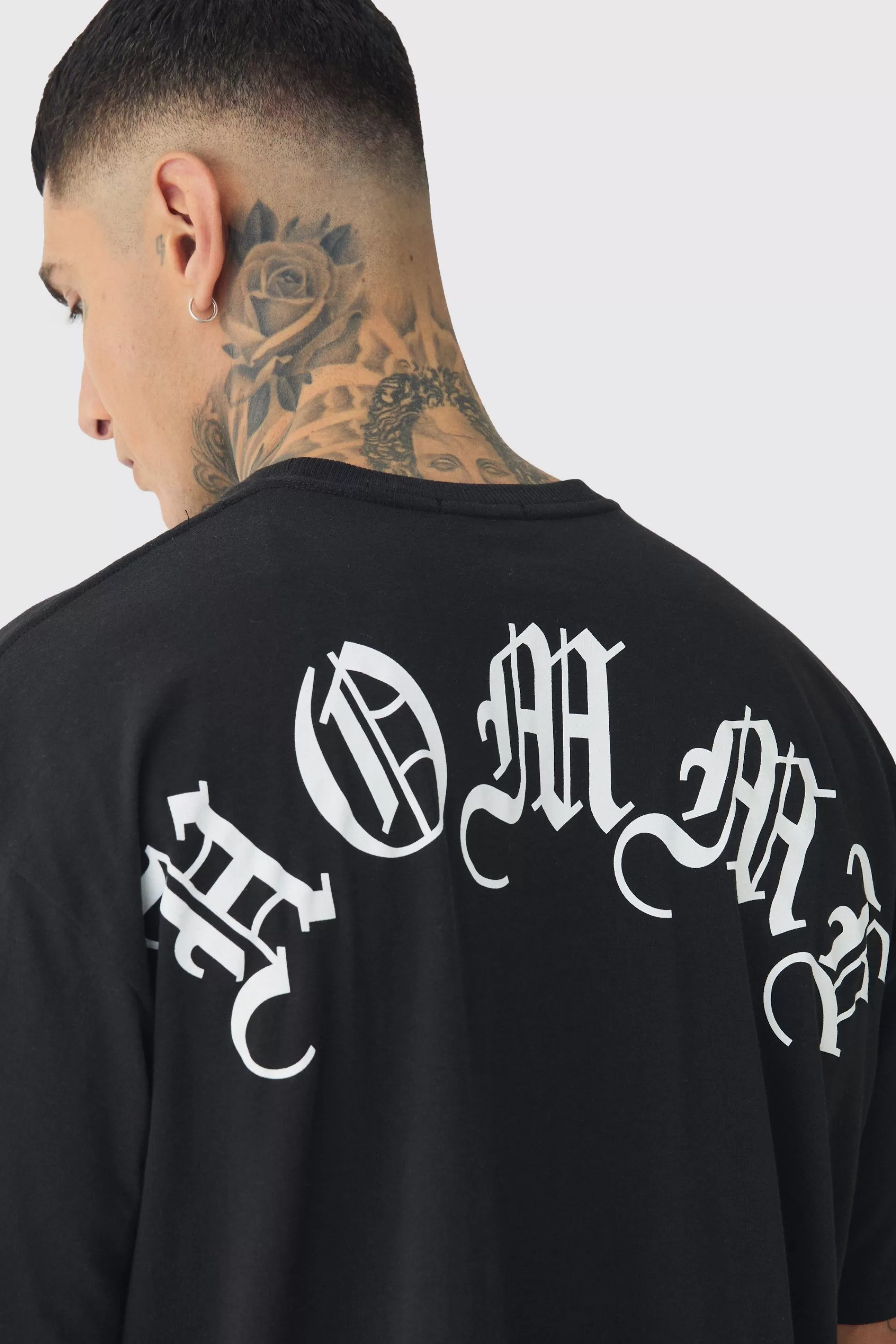 boohooMAN Tall Oversized Homme Print & Cross Embroidered T-Shirt | UK black Flash Sale