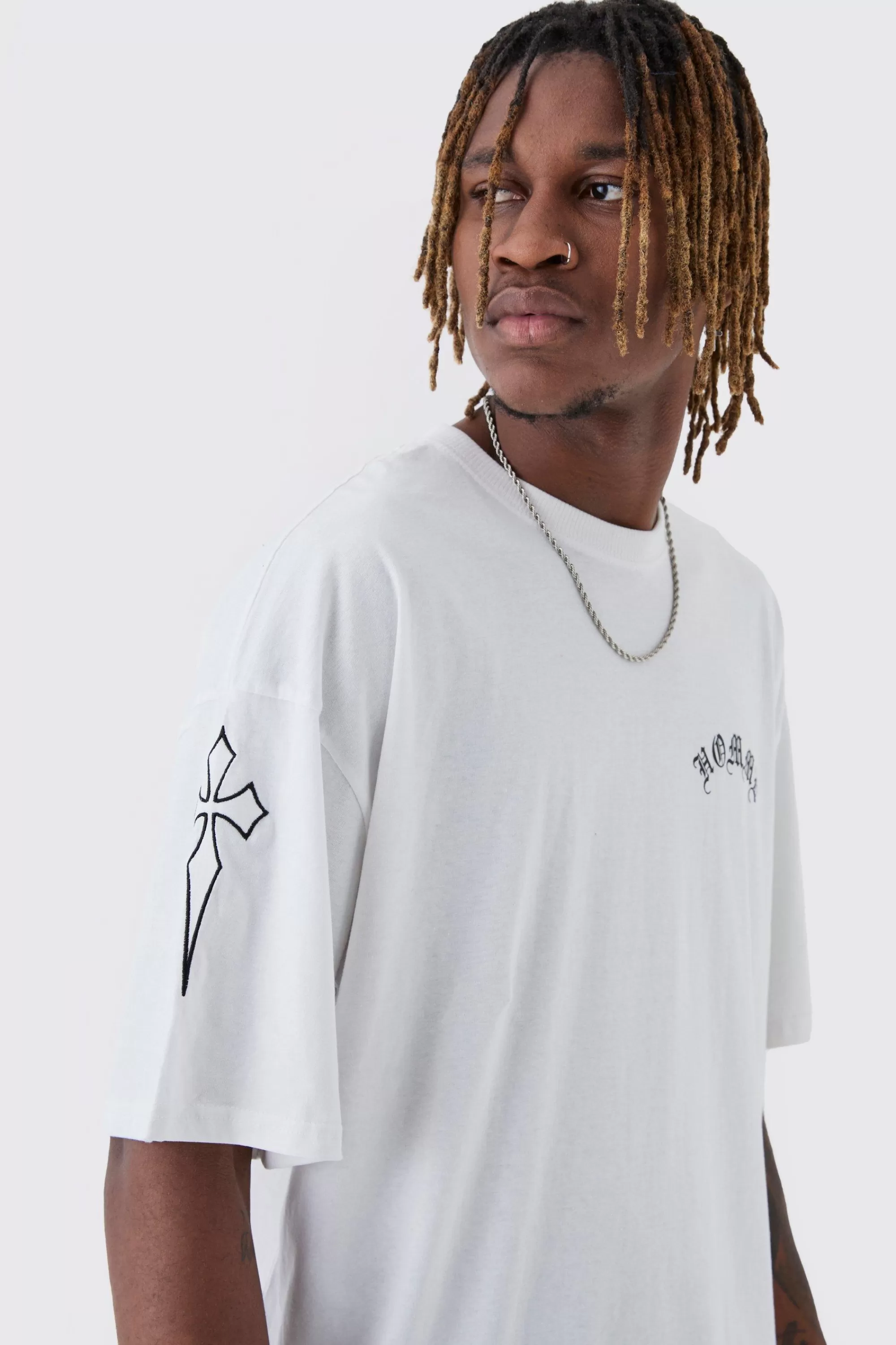 boohooMAN Tall Oversized Homme Print & Cross Embroidered T-Shirt | UK white Fashion