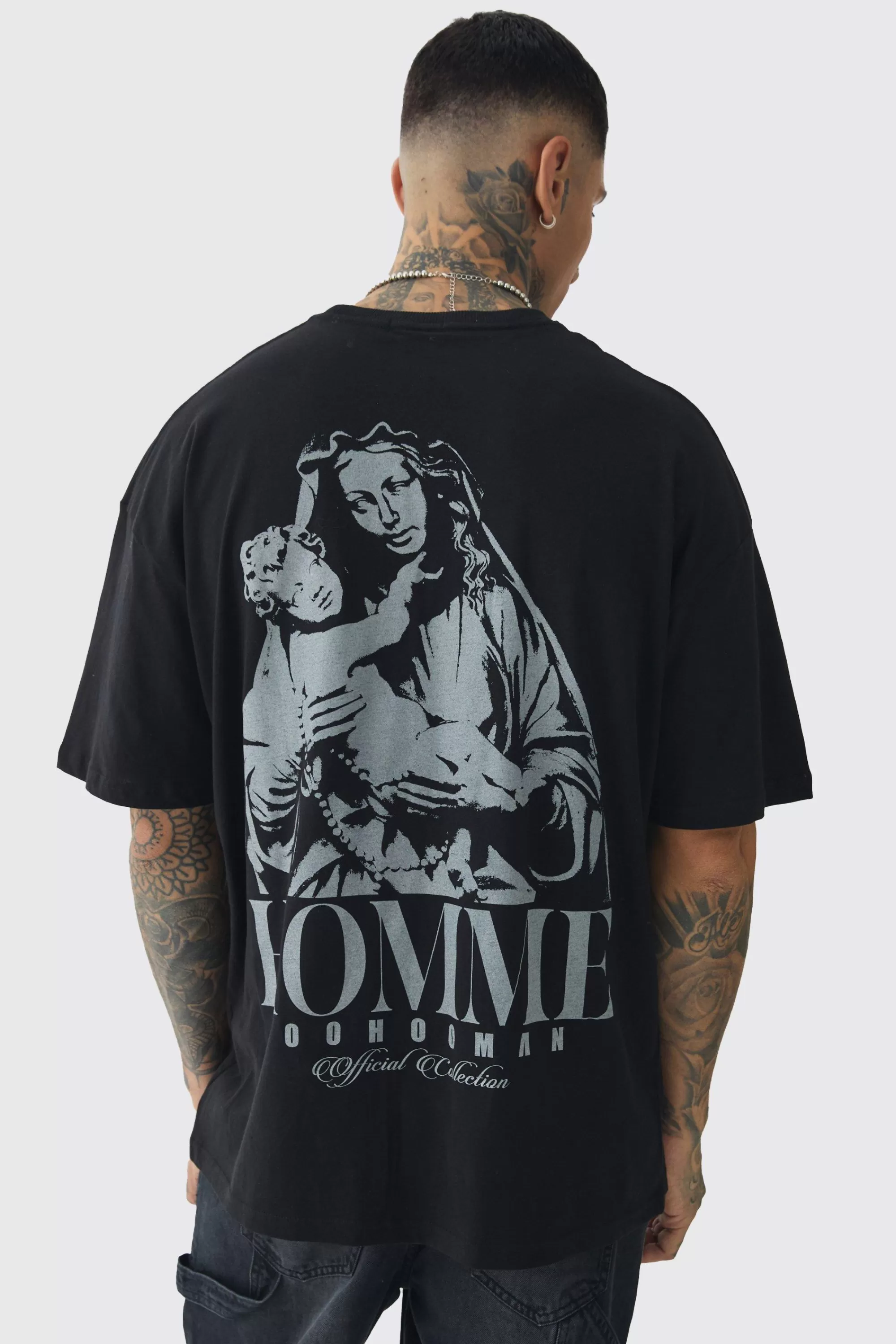 boohooMAN Tall Oversized Homme Rennaisance Print T-Shirt | UK black New