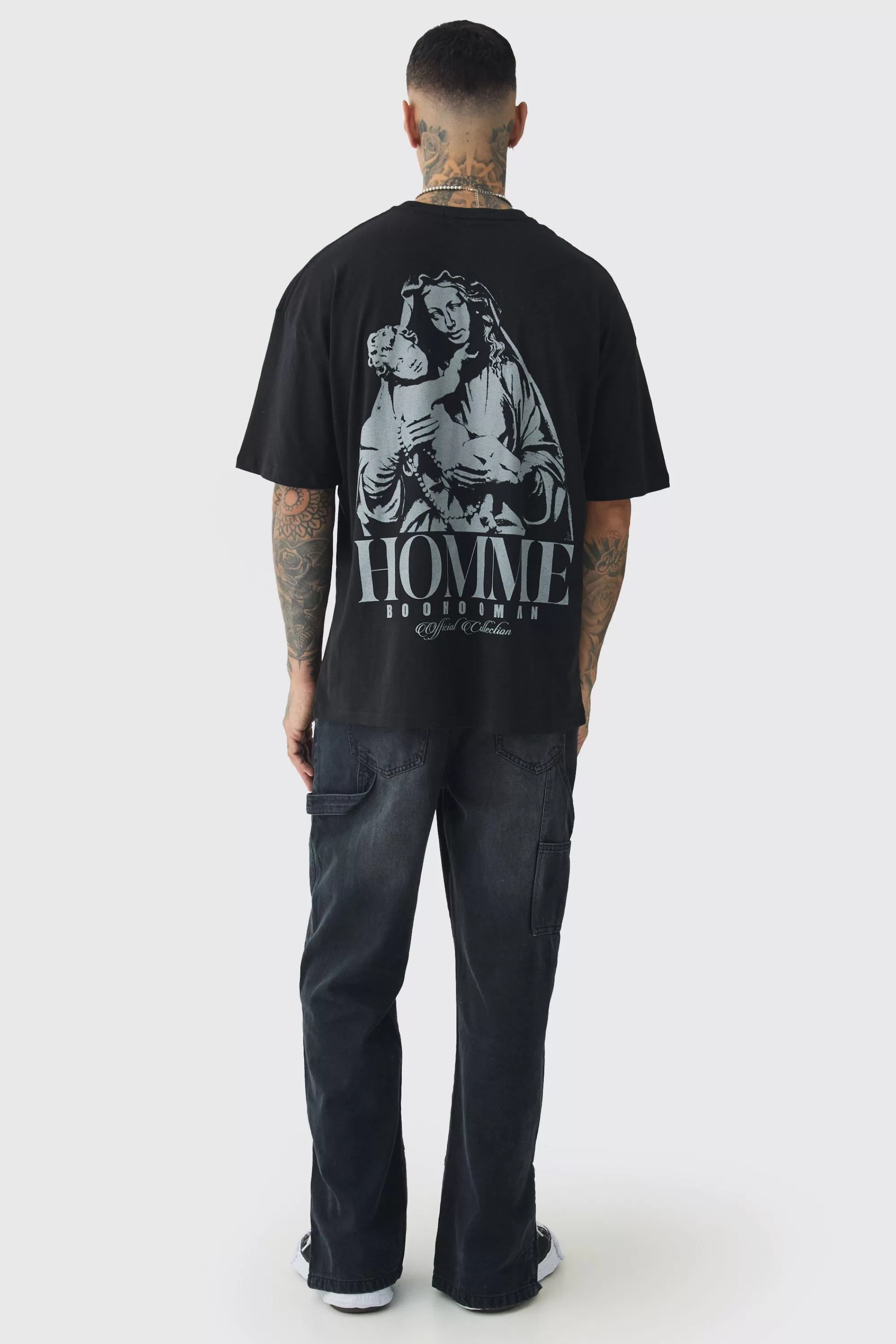 boohooMAN Tall Oversized Homme Rennaisance Print T-Shirt | UK black New