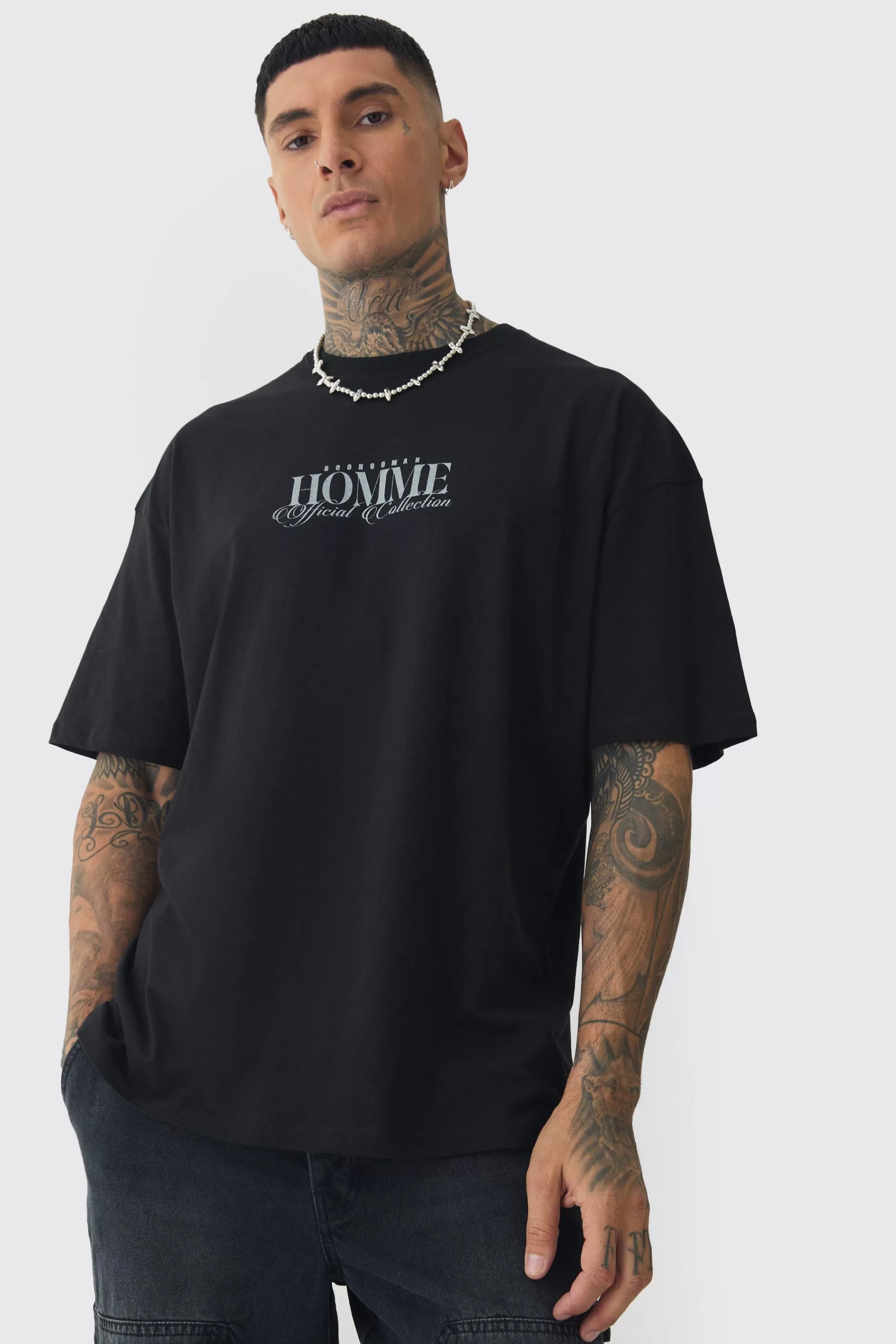 boohooMAN Tall Oversized Homme Rennaisance Print T-Shirt | UK black New