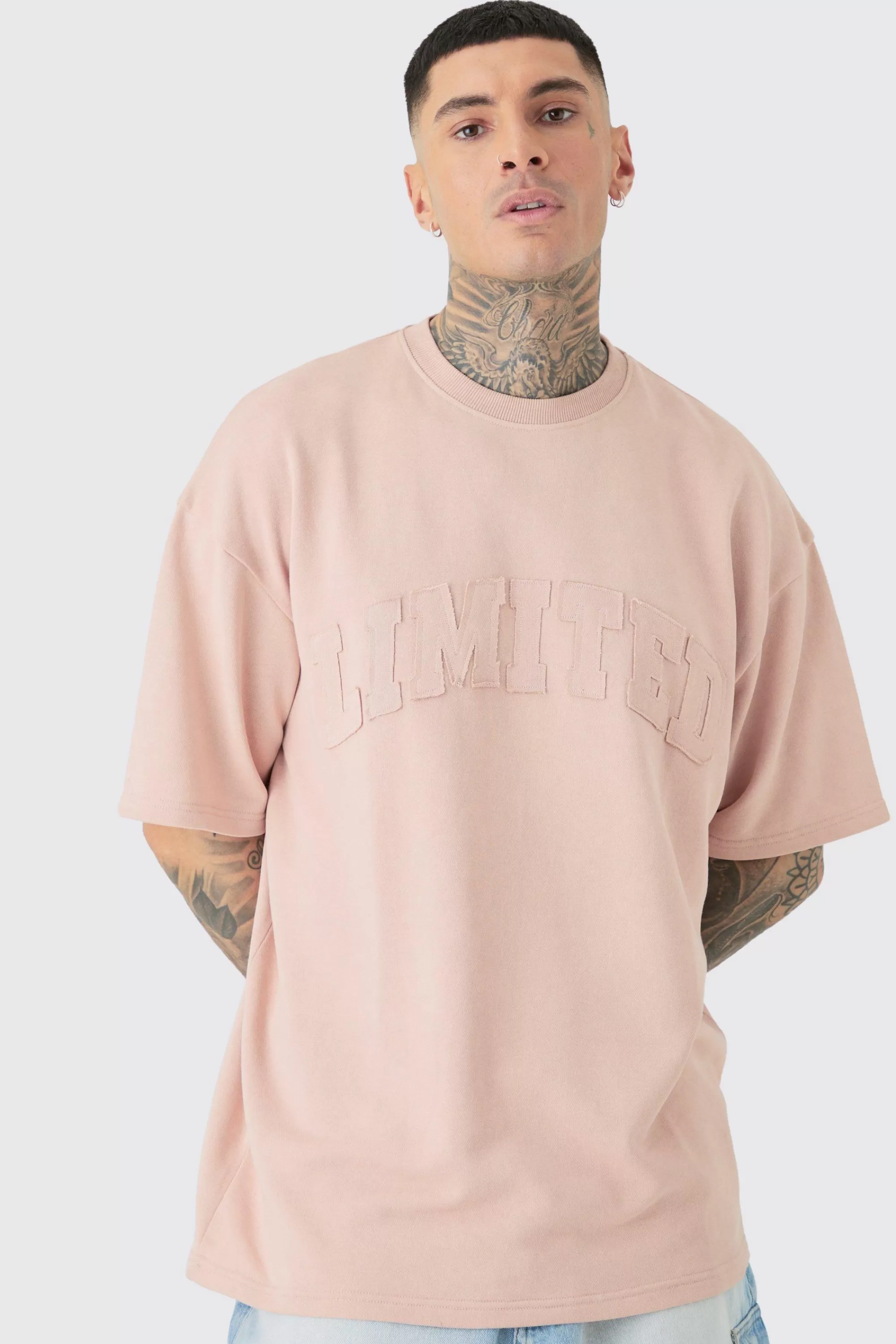 boohooMAN Tall Oversized Limited Applique Washed T-shirt | UK stone Outlet