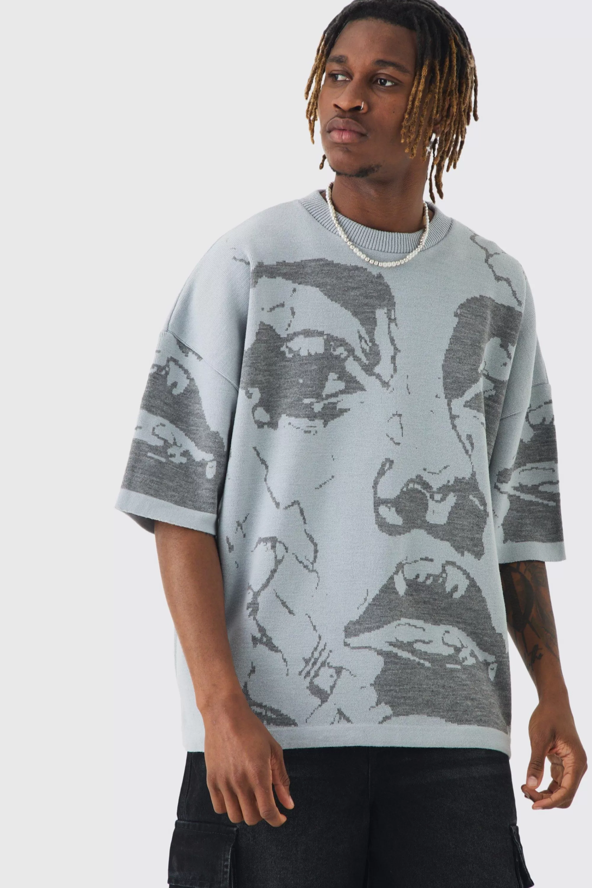 boohooMAN Tall Oversized Line Drawing Knitted T-shirt | UK grey Cheap