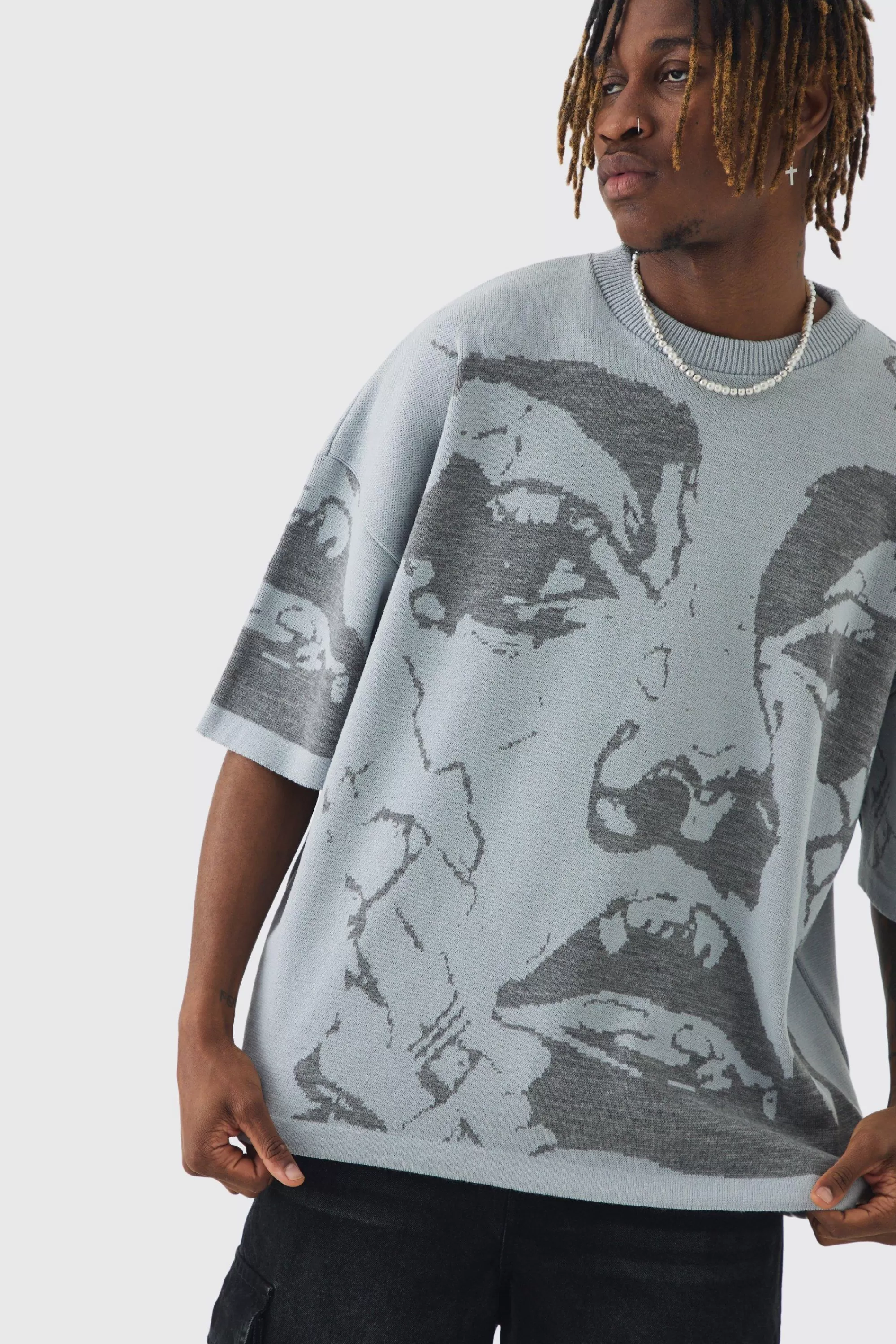 boohooMAN Tall Oversized Line Drawing Knitted T-shirt | UK grey Cheap