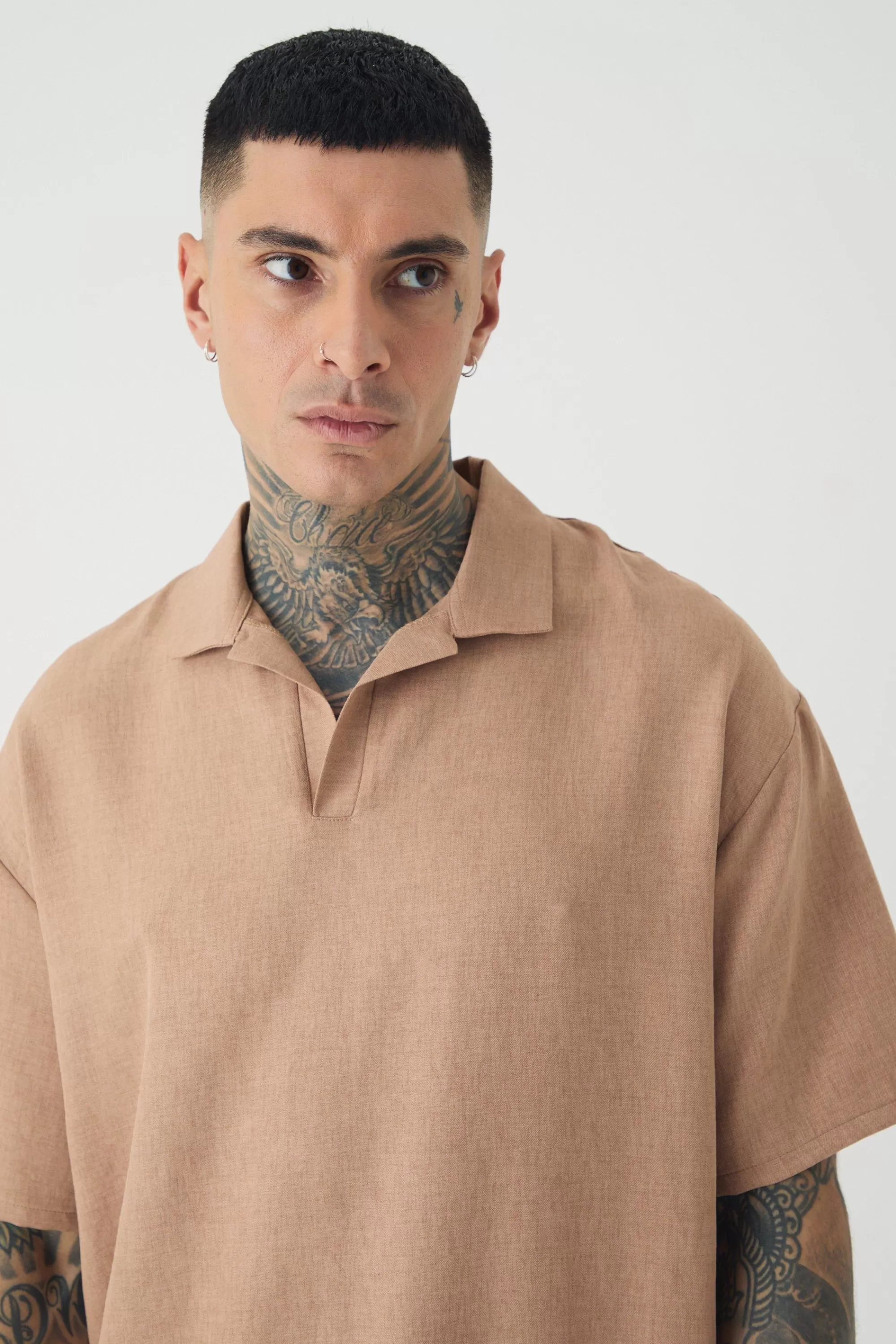 boohooMAN Tall Oversized Linen Revere Polo In | UK taupe Cheap
