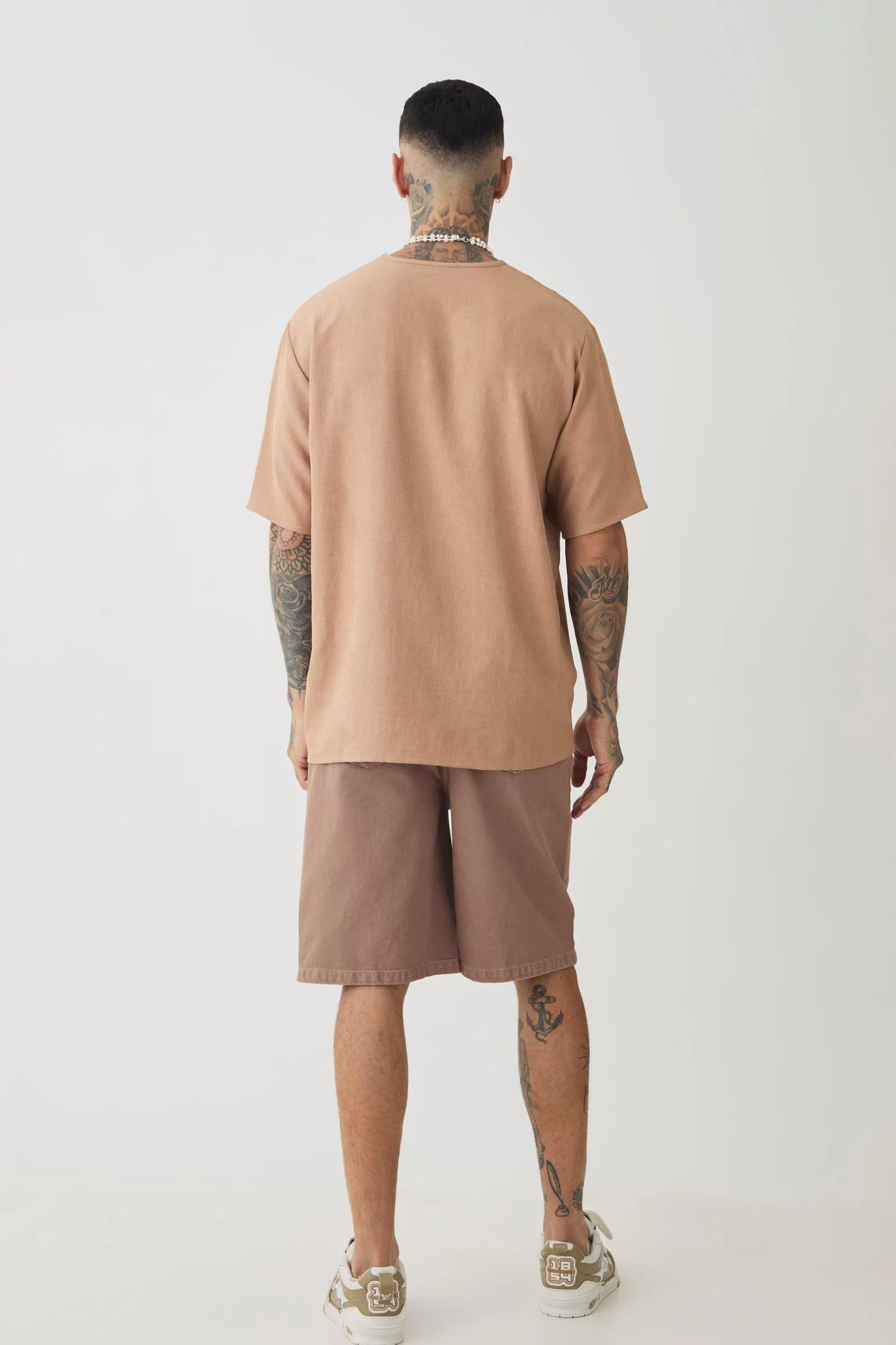 boohooMAN Tall Oversized Linen T-shirt | UK taupe New