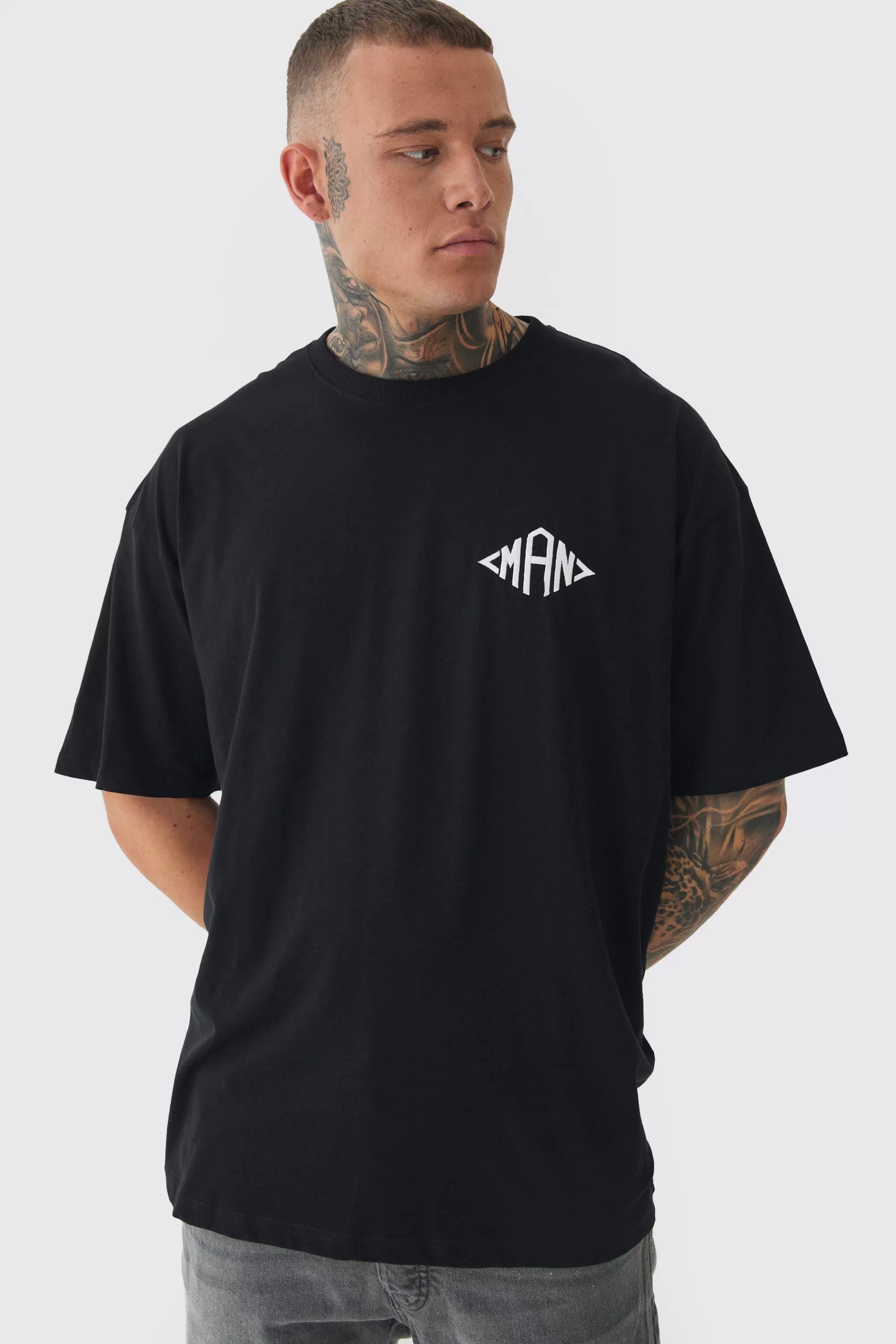 boohooMAN Tall Oversized Man Diamond Embroidered T-shirt In | UK black Clearance