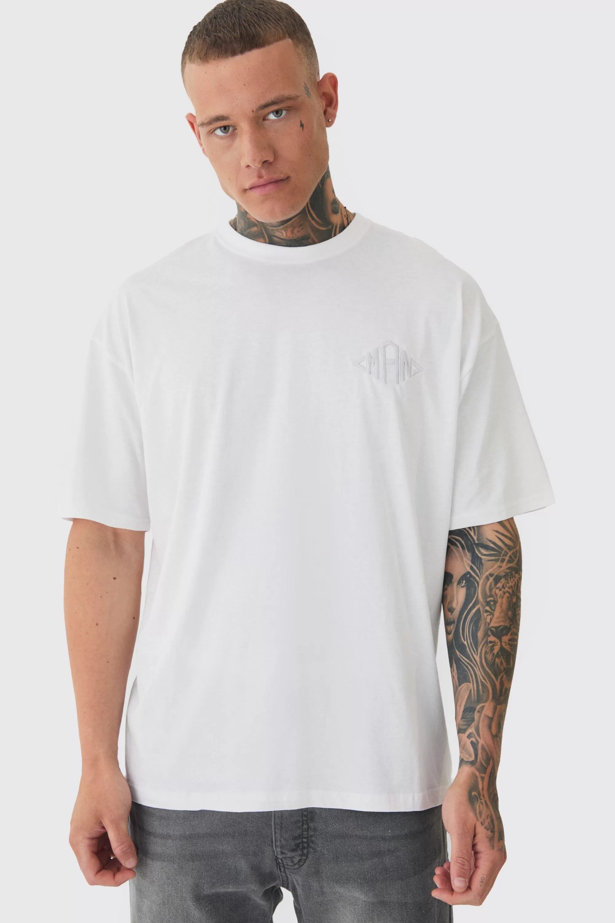 boohooMAN Tall Oversized Man Diamond Embroidered T-shirt In | UK white Store