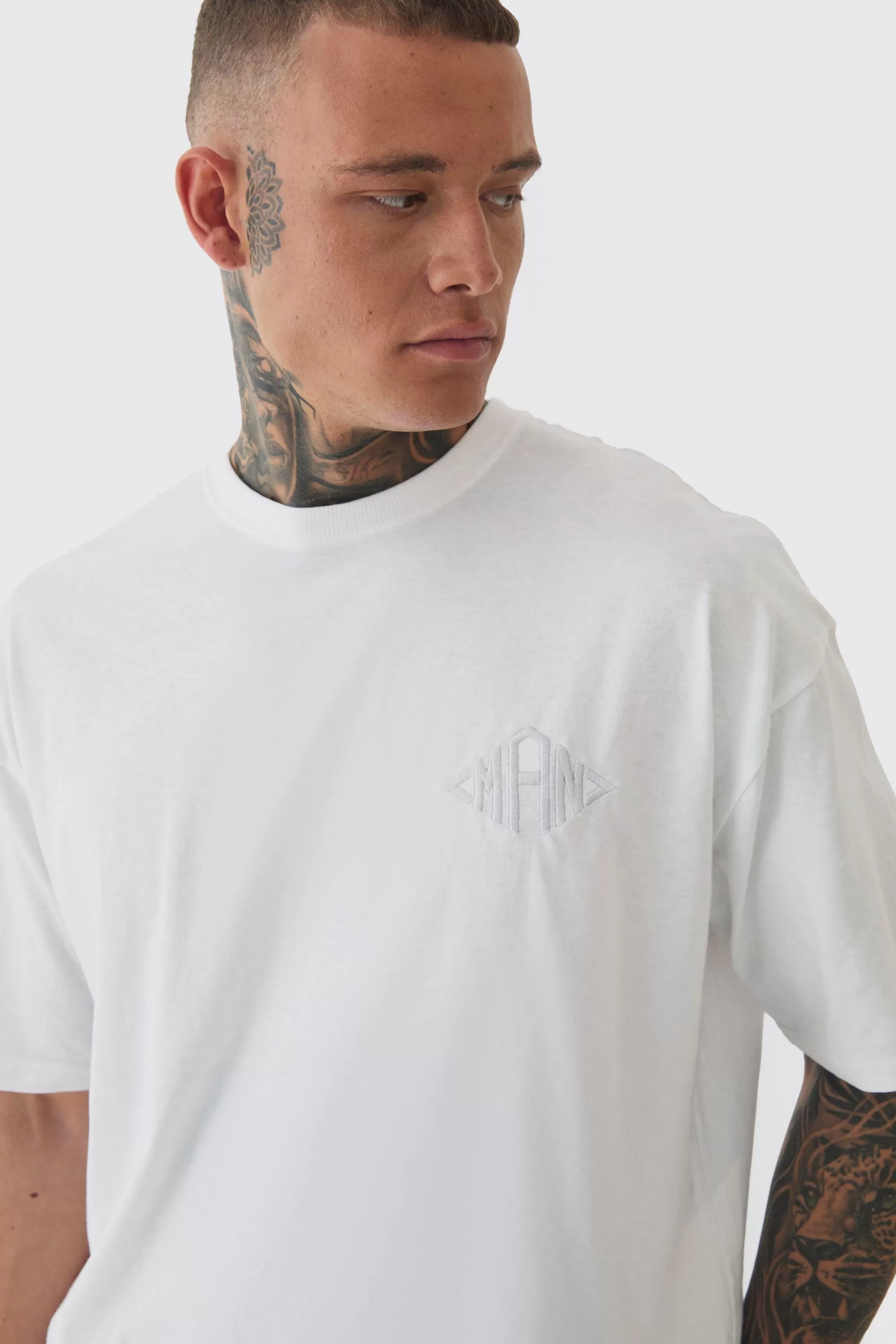 boohooMAN Tall Oversized Man Diamond Embroidered T-shirt In | UK white Store