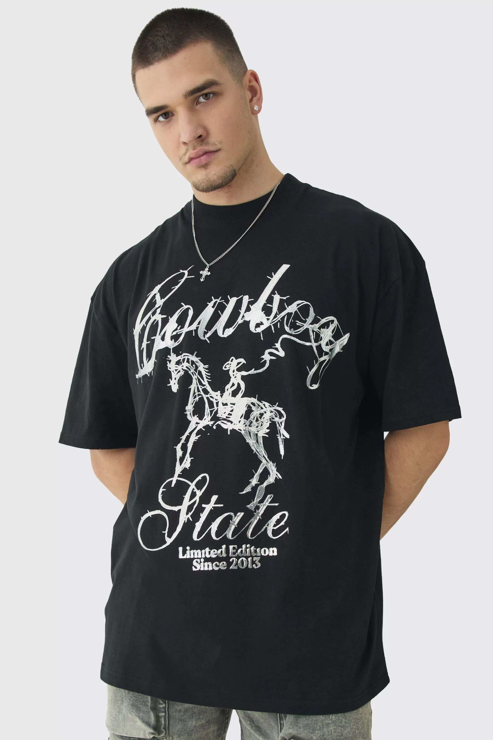 boohooMAN Tall Oversized Metallic Print Cowboy T-Shirt | UK black Discount