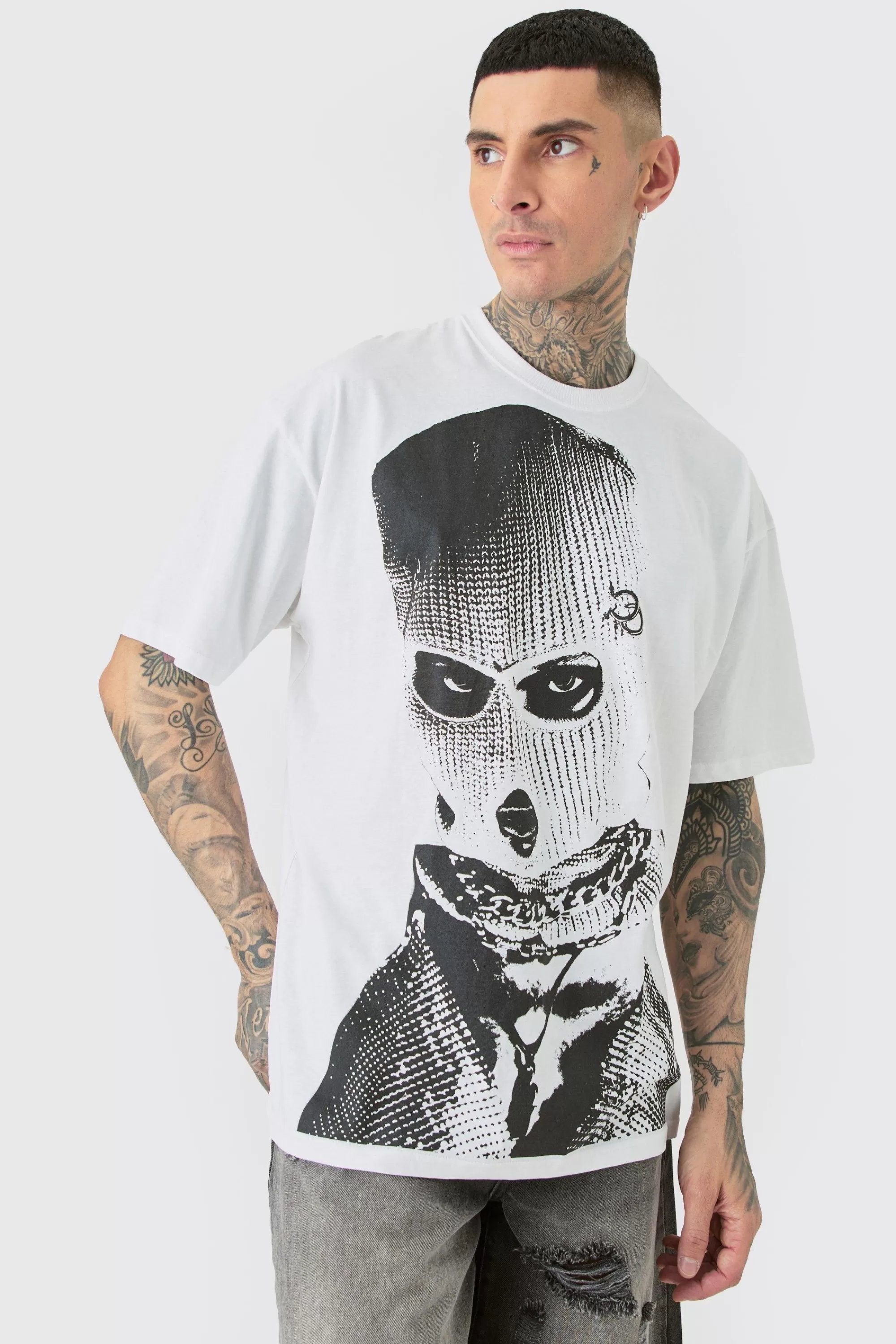 boohooMAN Tall Oversized Mono Balaclava Print T-shirt In | UK white Cheap