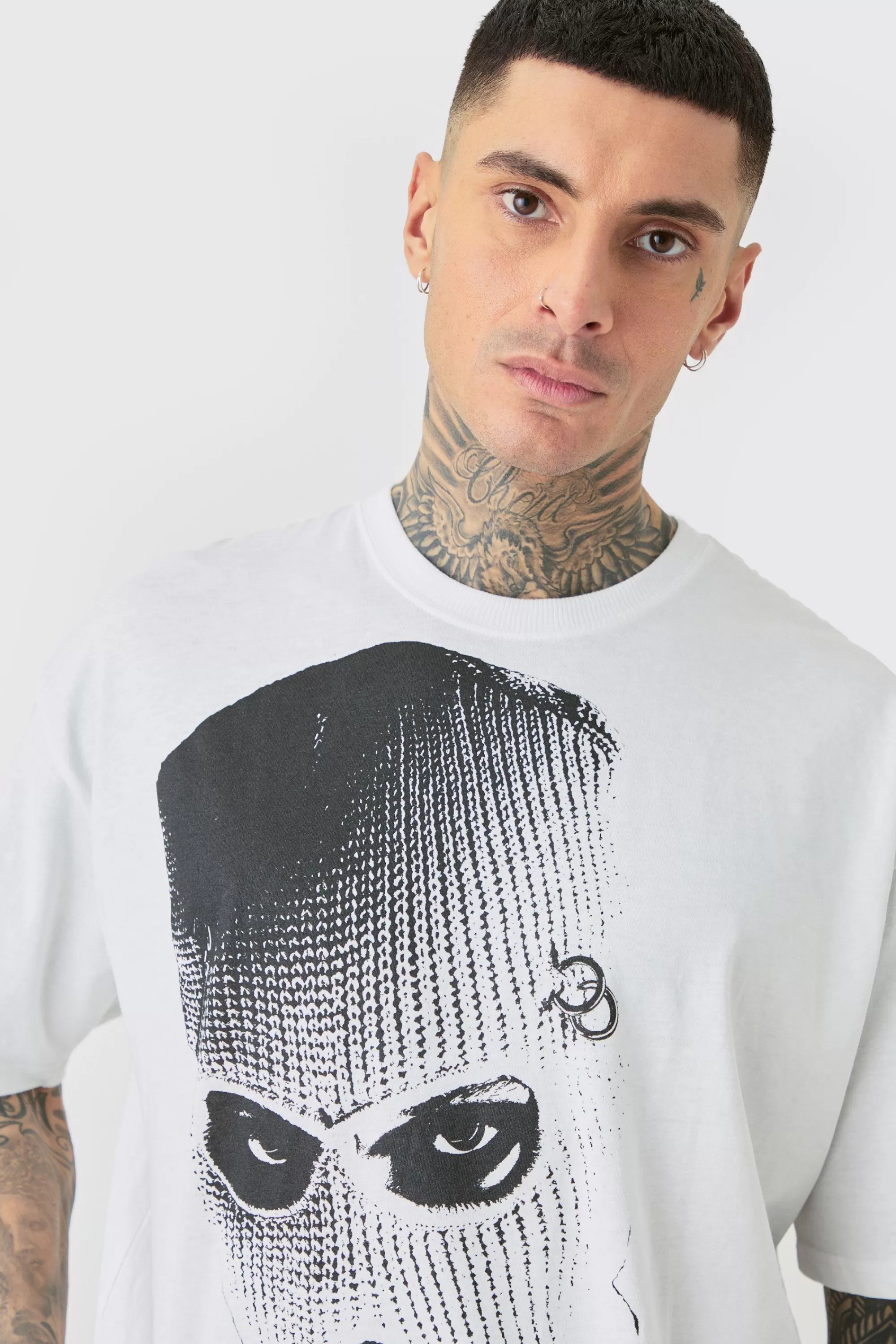 boohooMAN Tall Oversized Mono Balaclava Print T-shirt In | UK white Cheap