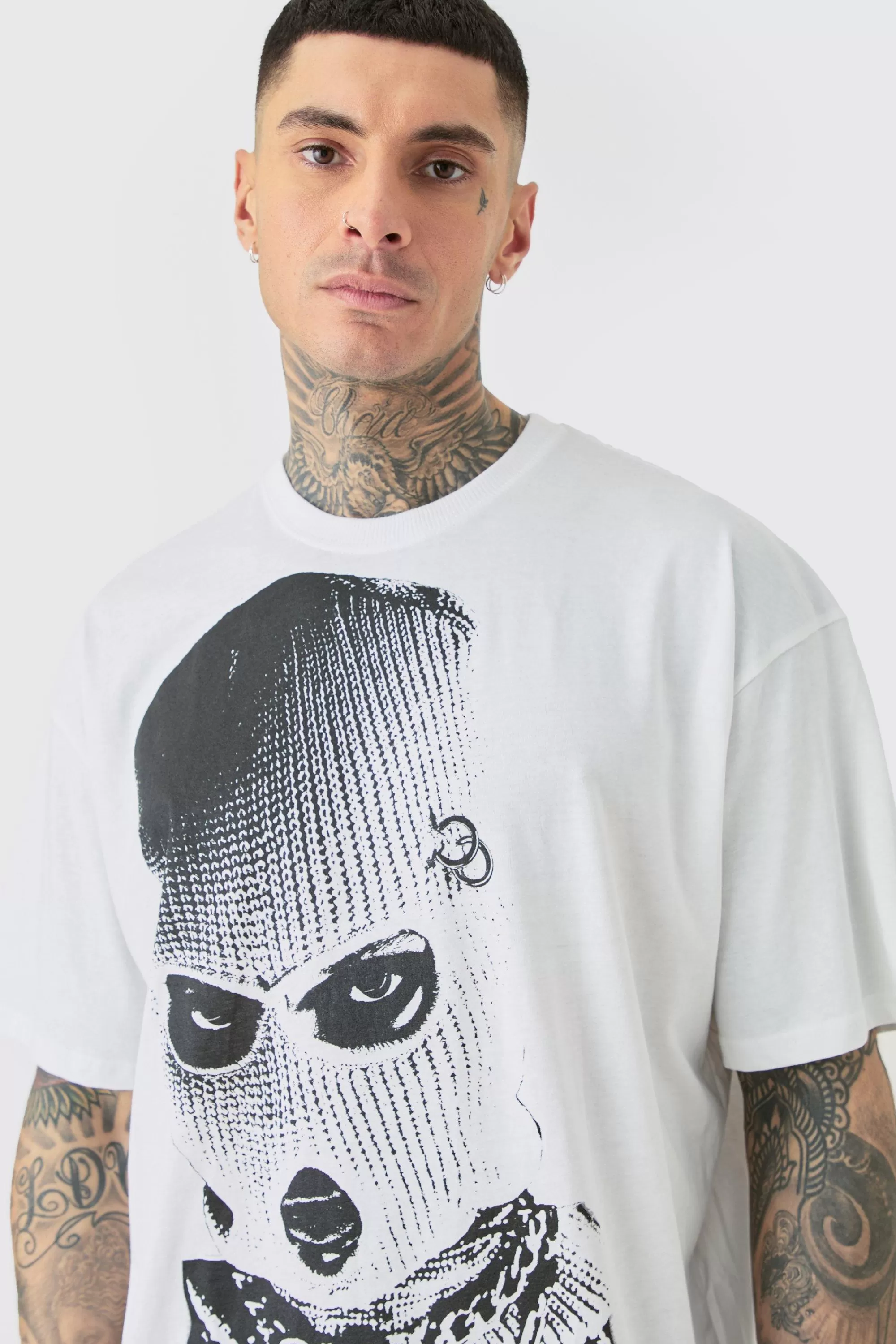 boohooMAN Tall Oversized Mono Balaclava Print T-shirt In | UK white Cheap