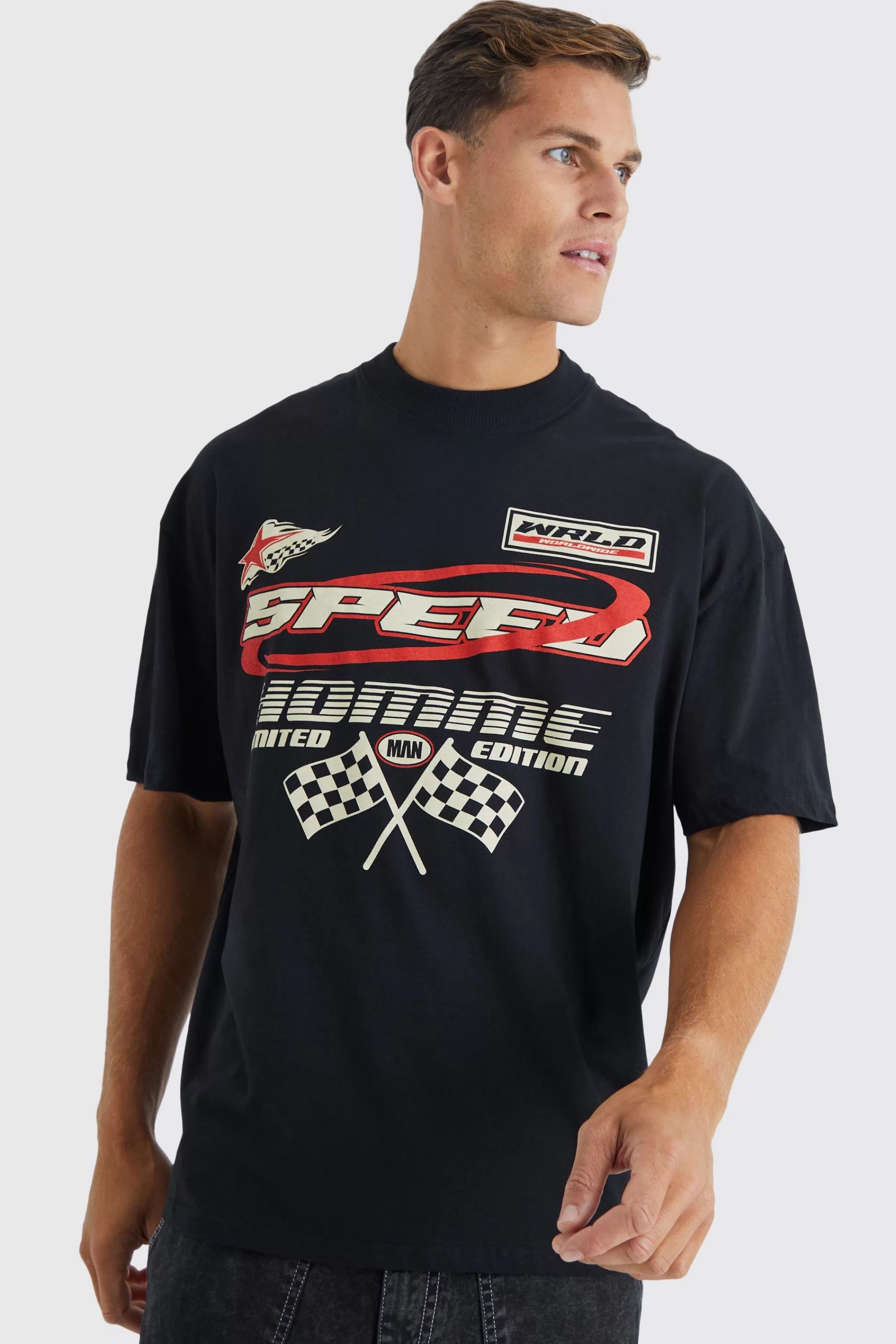 boohooMAN Tall Oversized Moto Racing Print T-shirt | UK black Fashion
