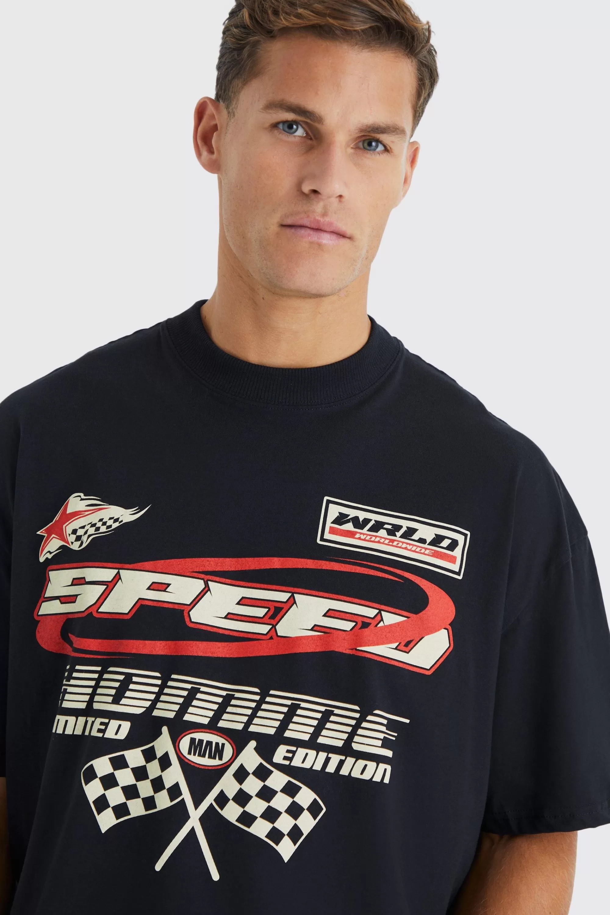 boohooMAN Tall Oversized Moto Racing Print T-shirt | UK black Fashion