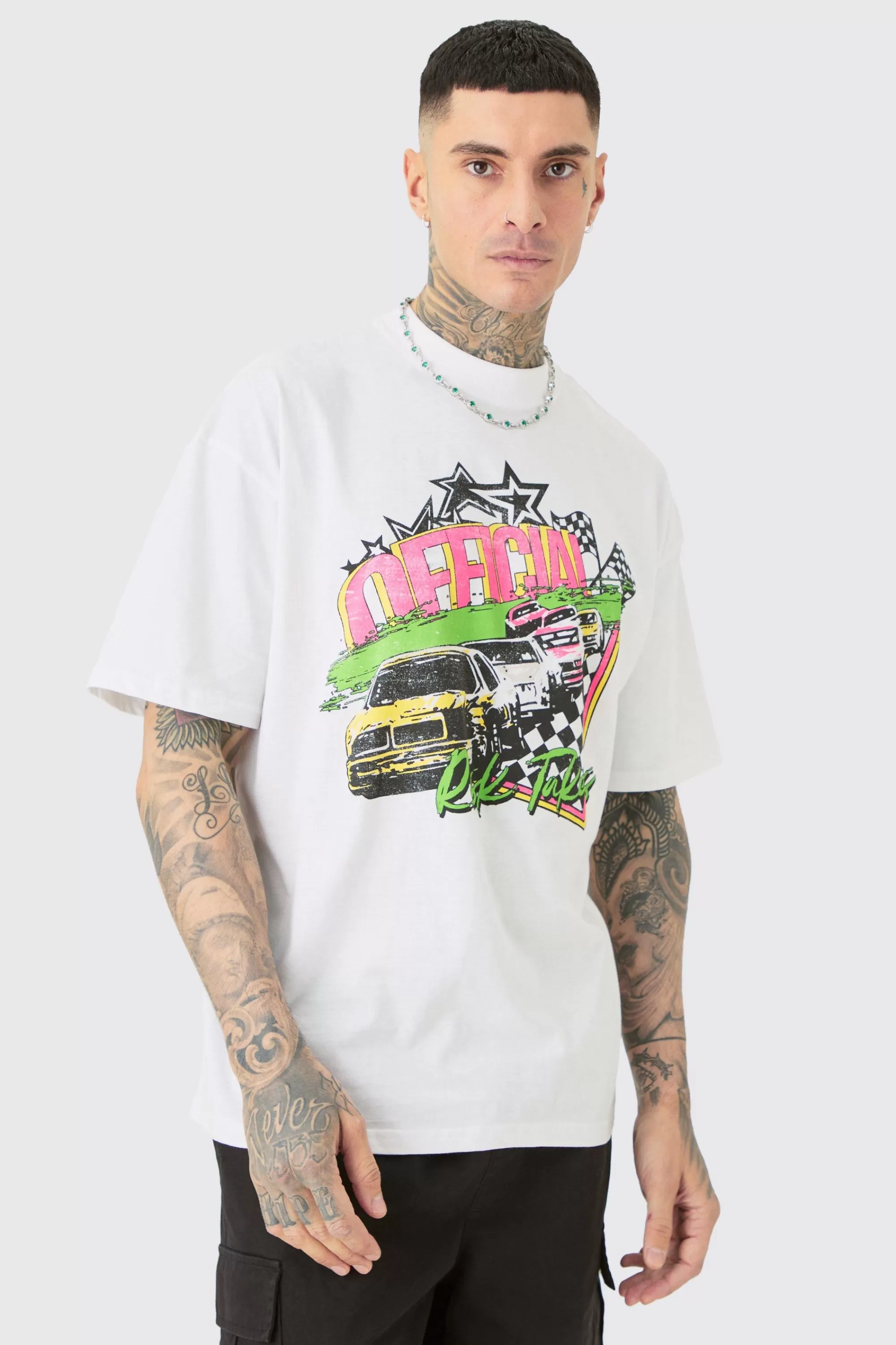 boohooMAN Tall Oversized Neon Moto T-shirt | UK white New