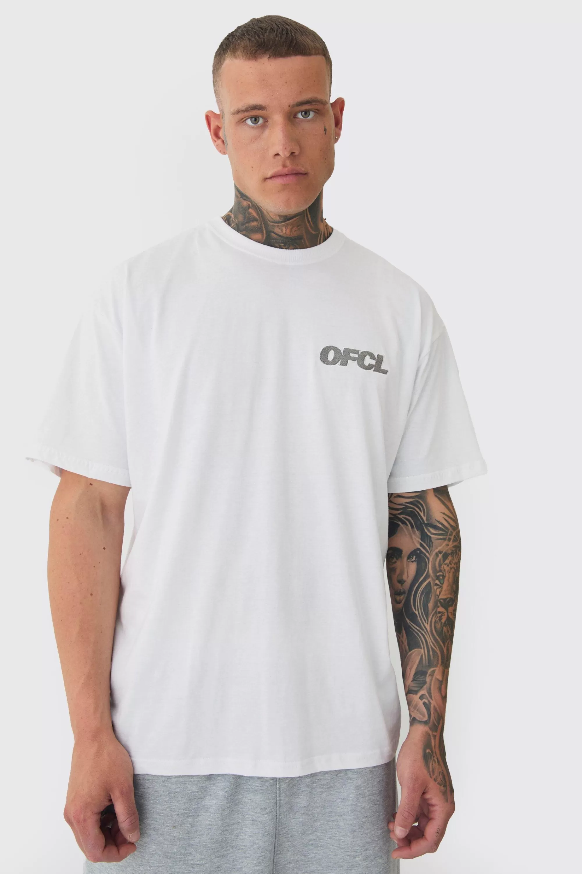 boohooMAN Tall Oversized OFCL Embroidered T-shirt In White | UK grey Cheap