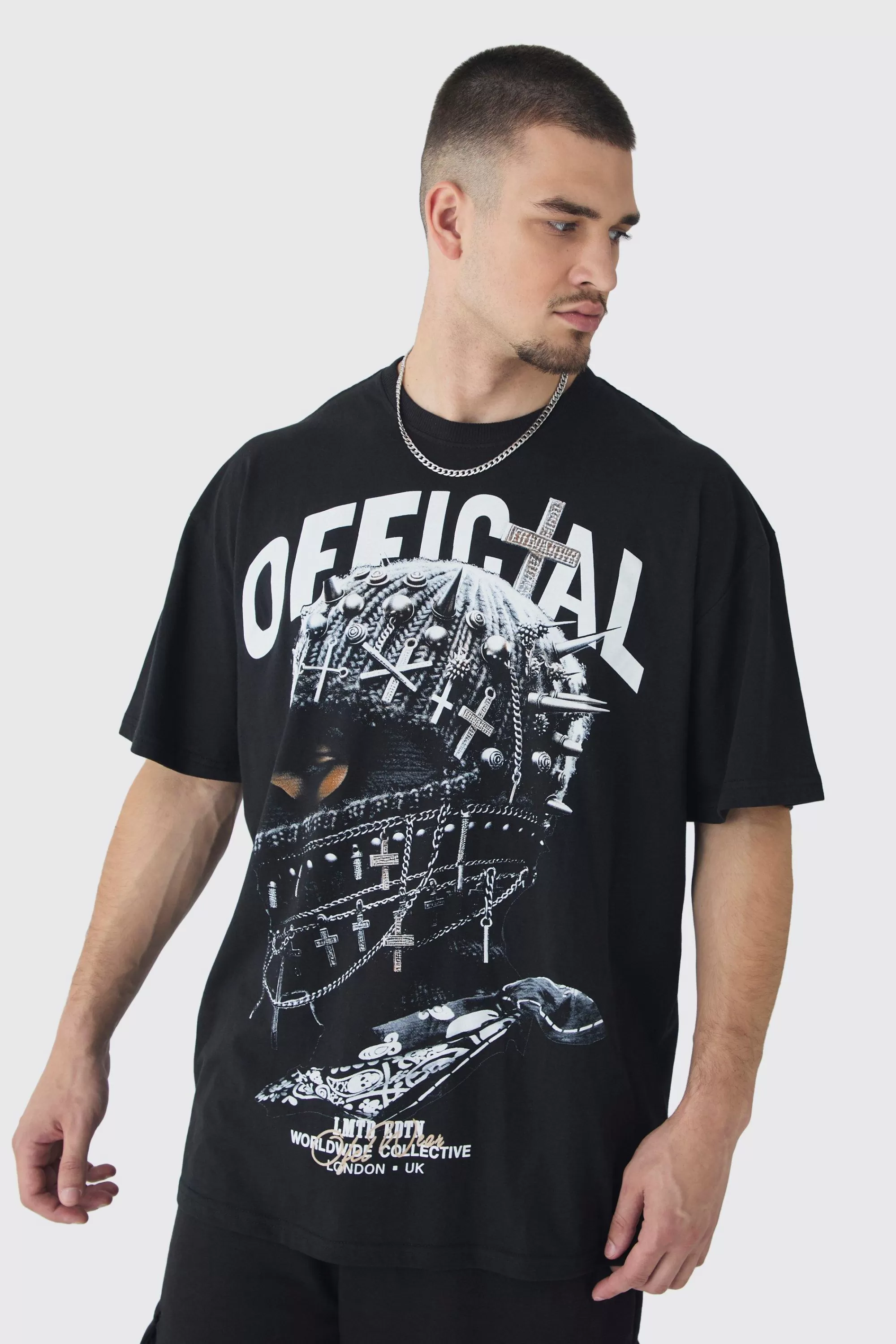 boohooMAN Tall Oversized Official Balaclava Print T-Shirt | UK black New