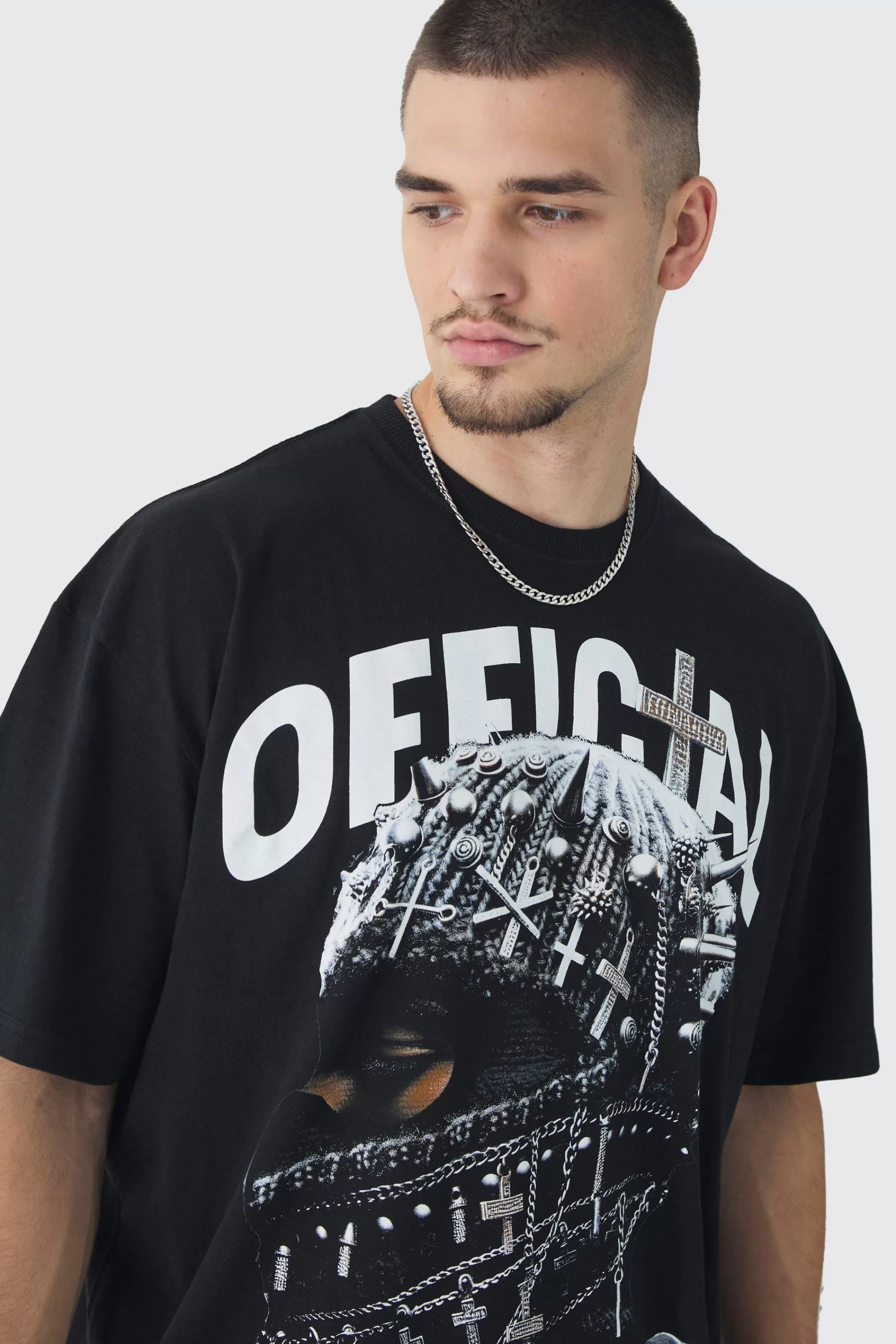 boohooMAN Tall Oversized Official Balaclava Print T-Shirt | UK black New