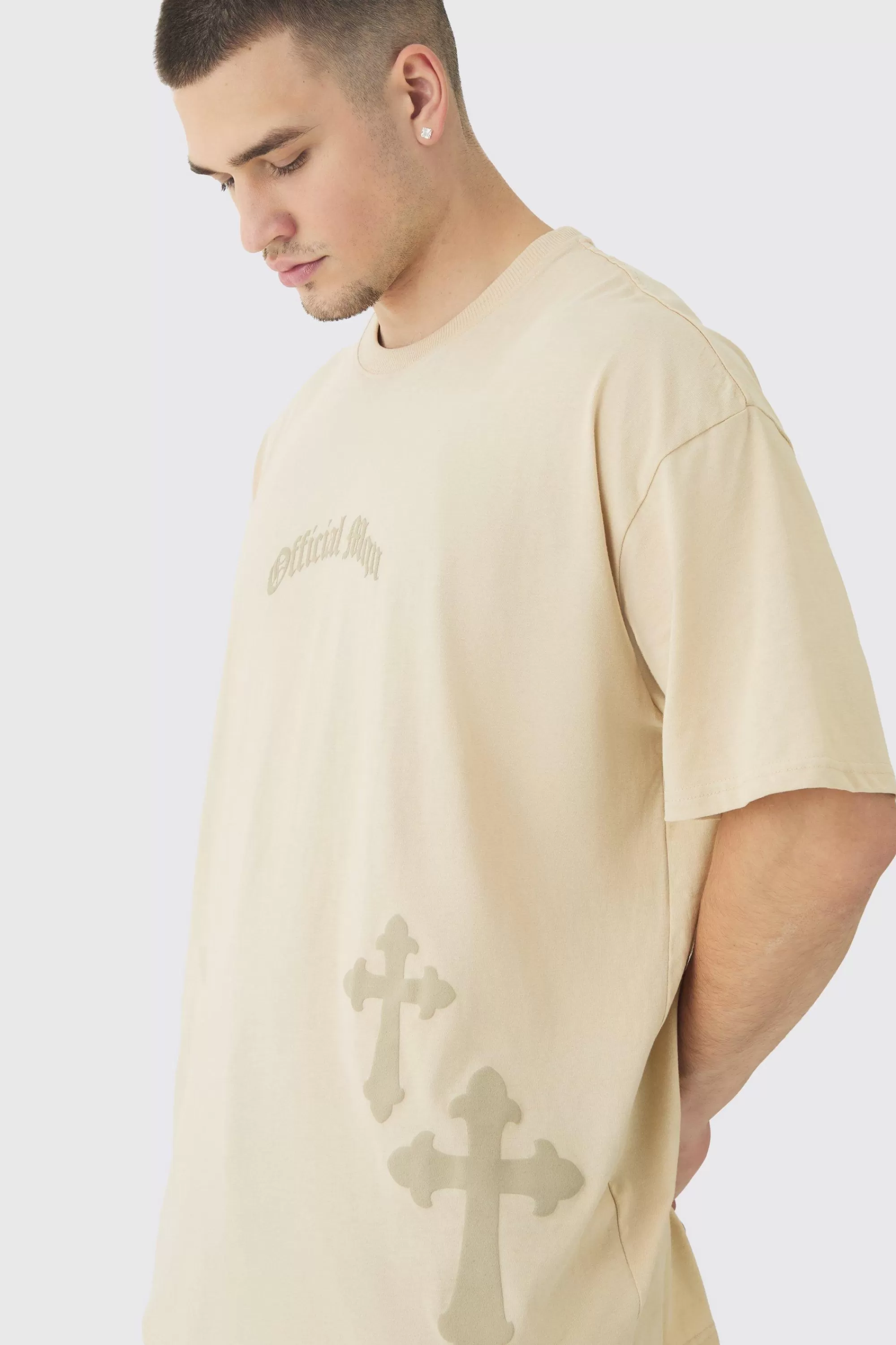 boohooMAN Tall Oversized Official Man Cross Puff Print T-Shirt | UK sand Hot
