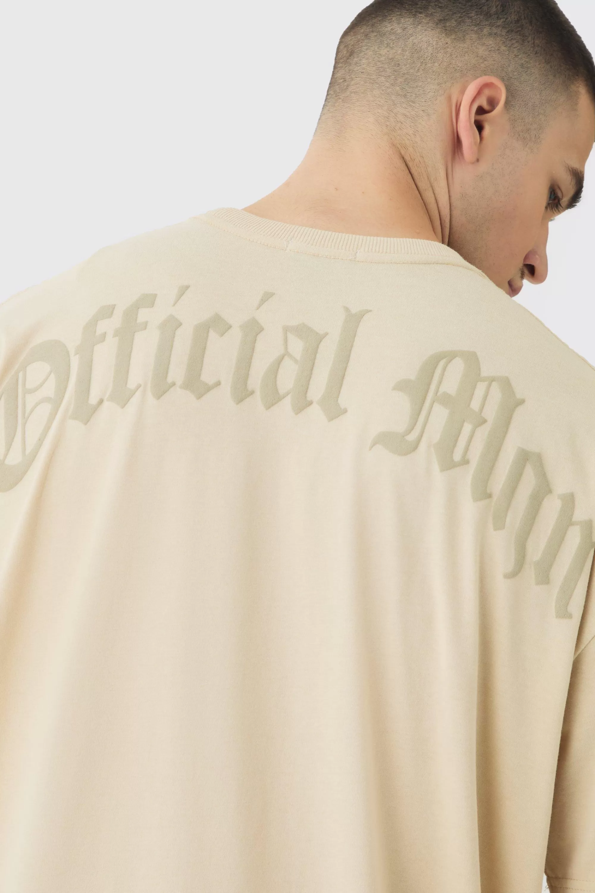 boohooMAN Tall Oversized Official Man Cross Puff Print T-Shirt | UK sand Hot